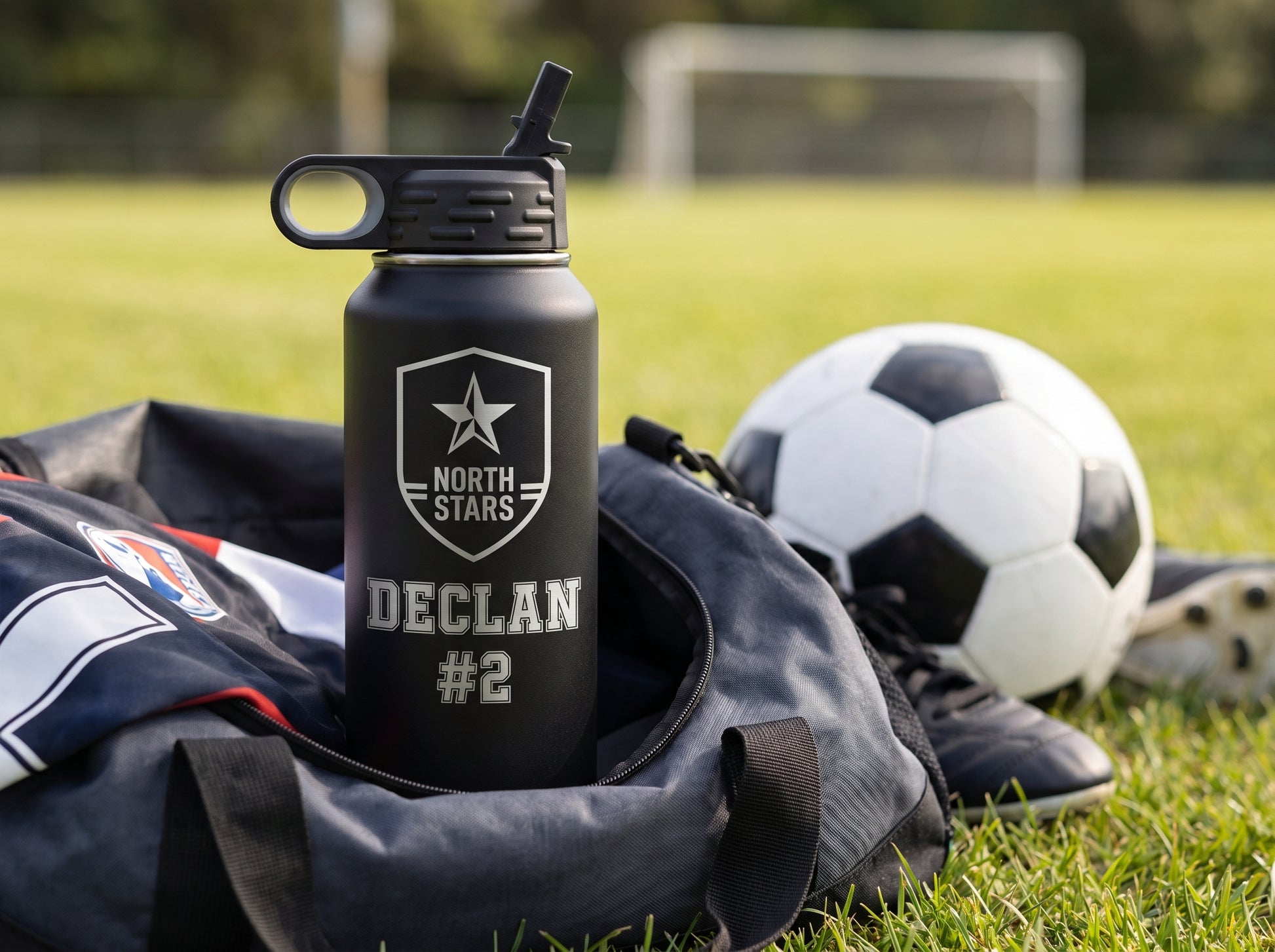 black soccer team water bottle resting on duffel bag with cleats and ball at sideline