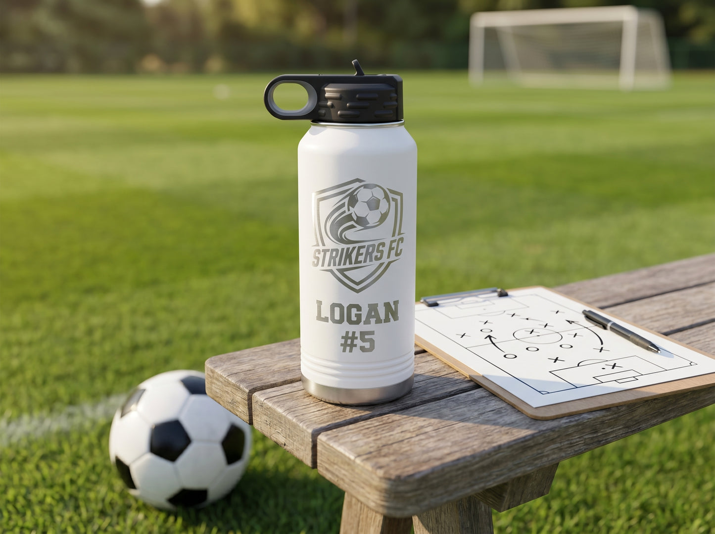 white engraved soccer water bottle next to coaches tactics clipboard pitch background