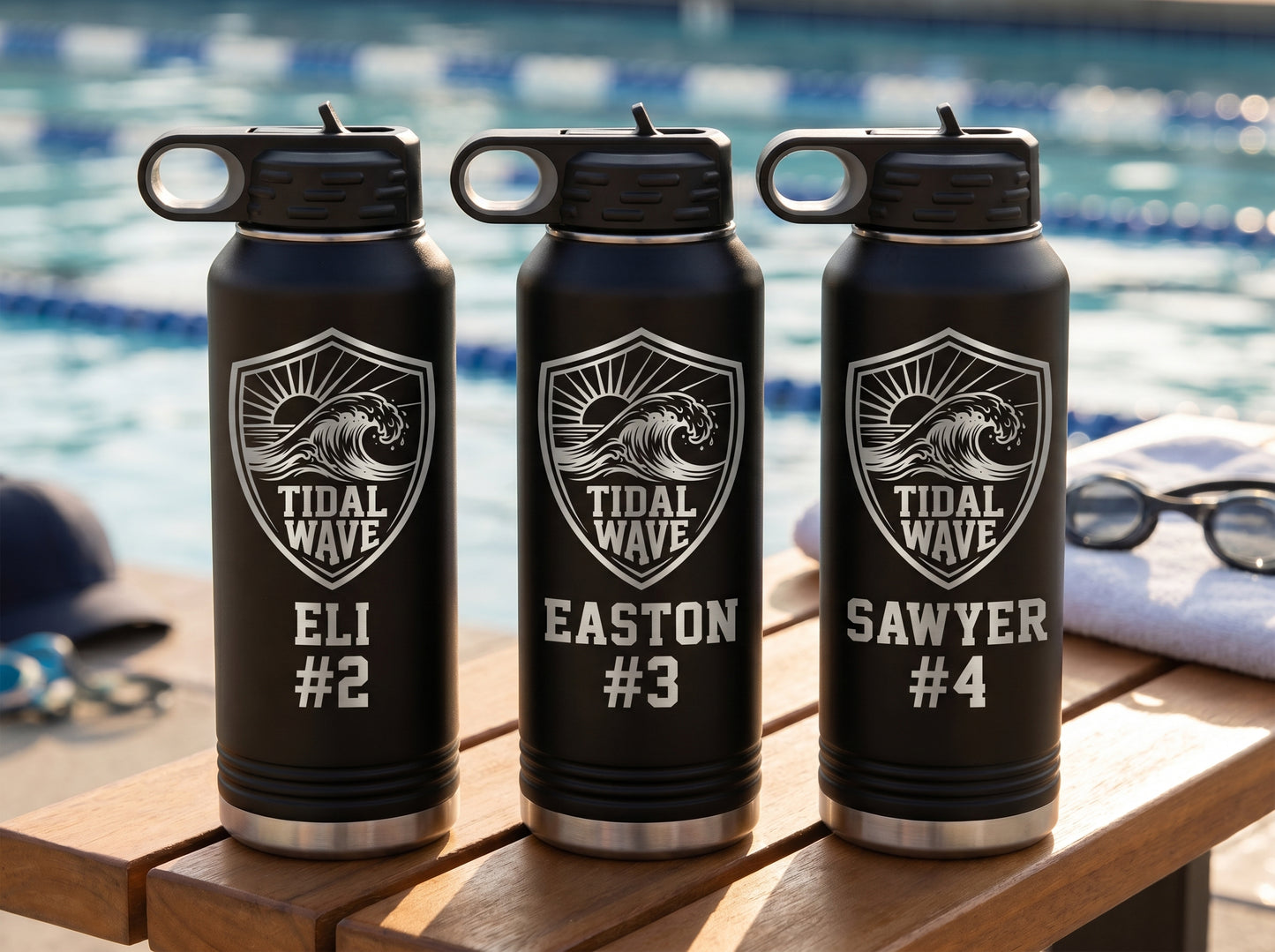 three black swim team water bottles with tidal wave team crest individual swimmer lane numbers