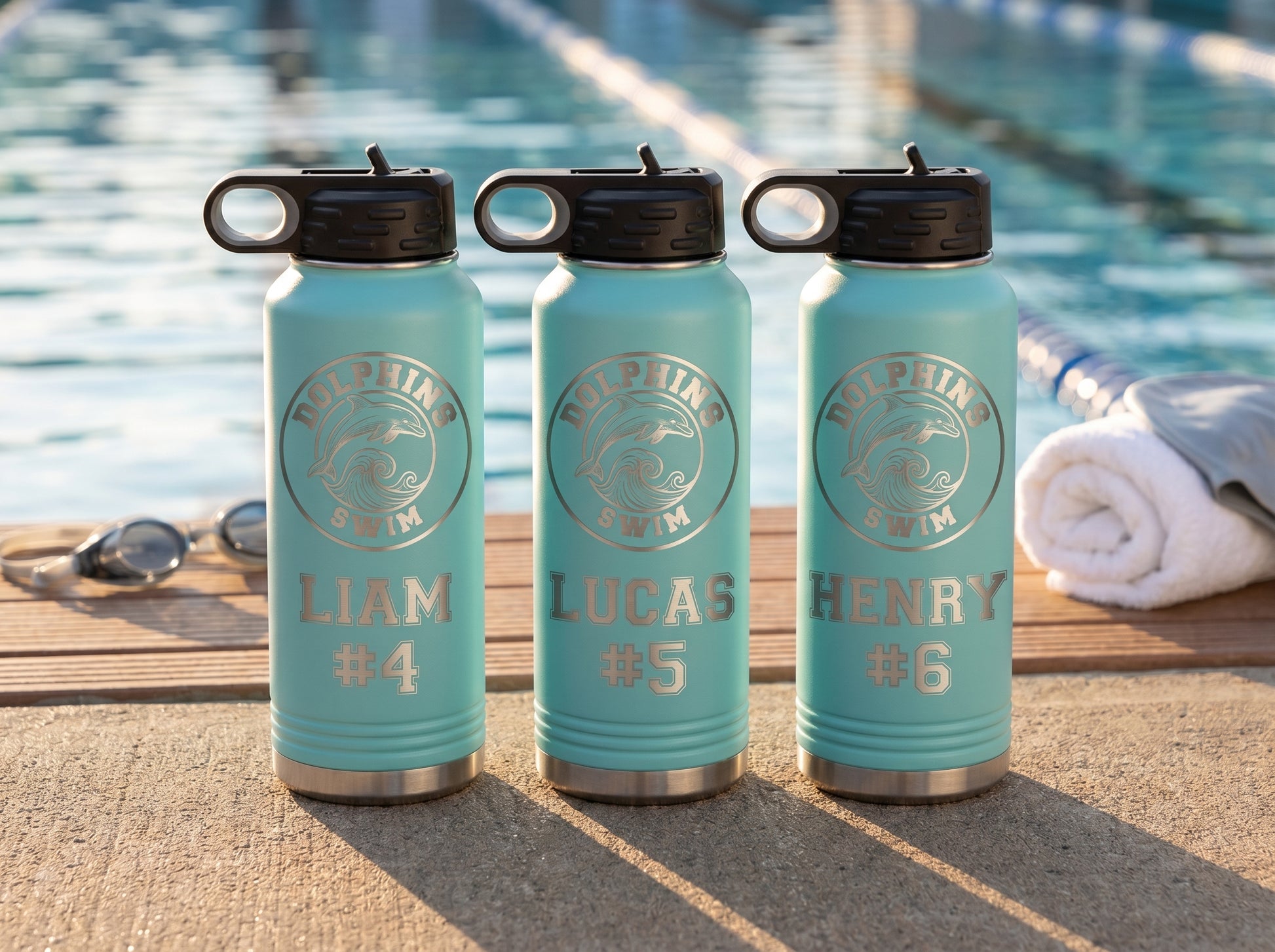 three teal swim team water bottles with dolphins logo and individual swimmer lane numbers