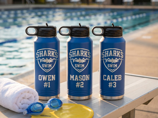 personalized swim team water bottles royal blue 32oz with swimmer names and lane numbers