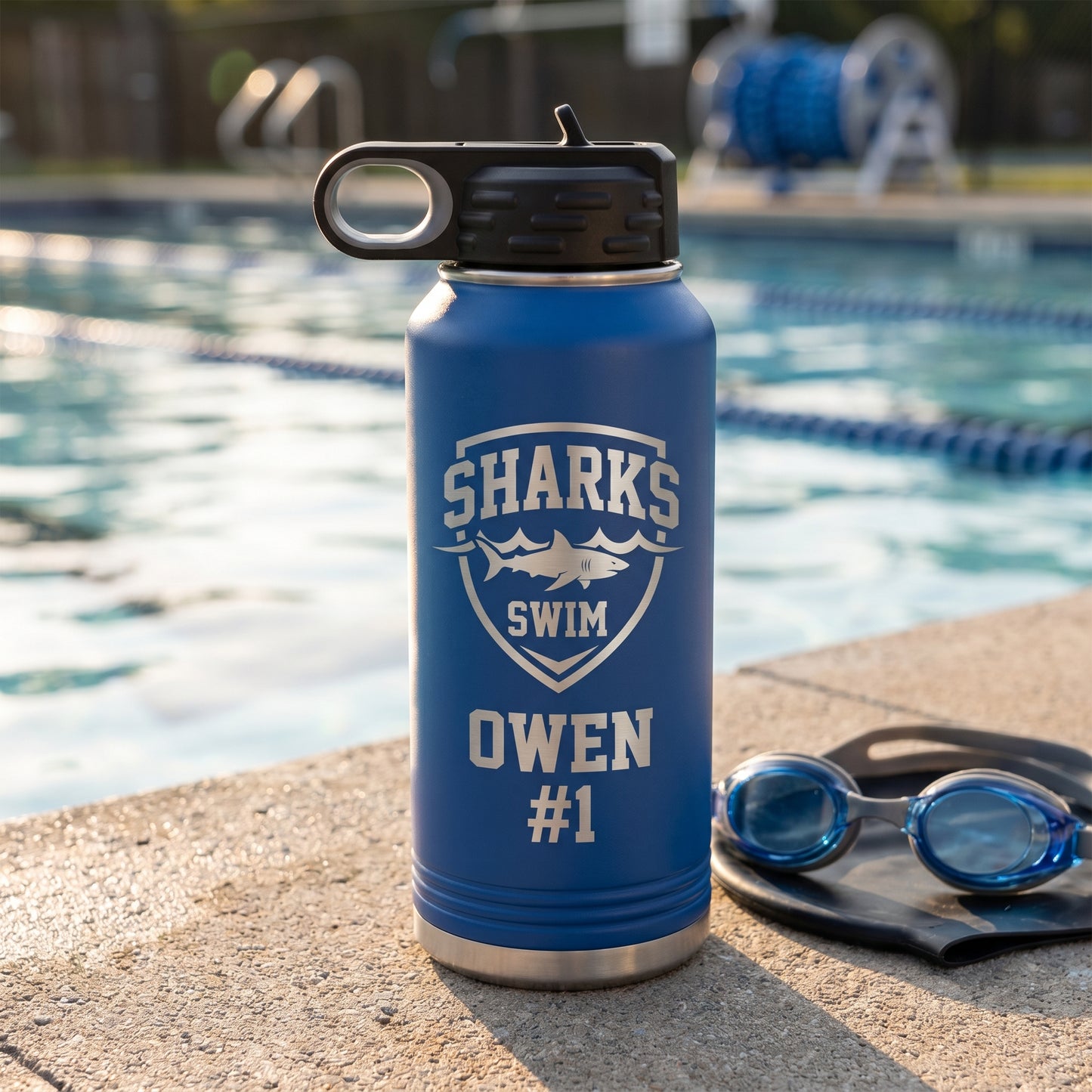royal blue 32oz water bottle personalized swim team swimmer name engraved stainless steel
