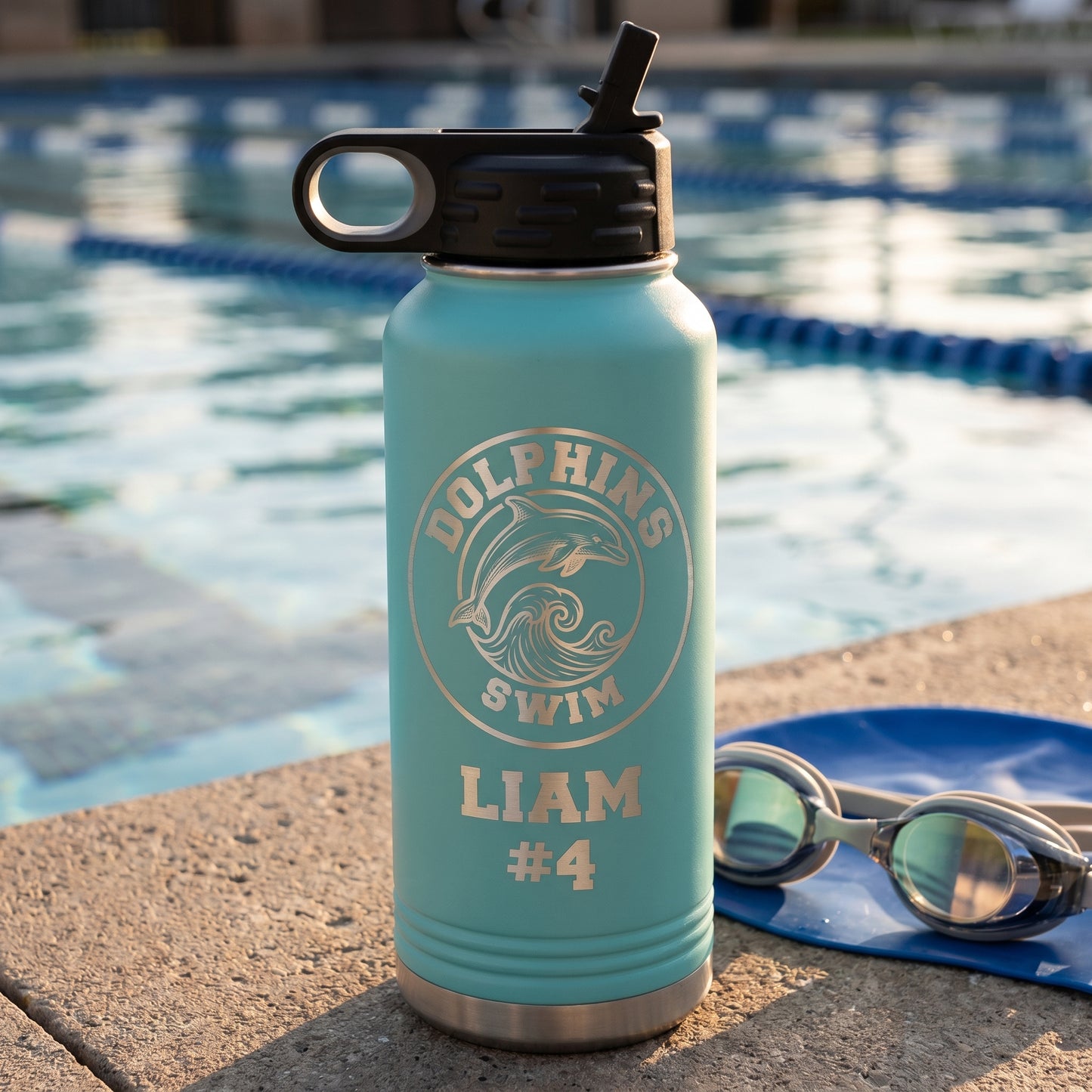 teal 32oz swim team water bottle custom engraved with swimmer lane number and dolphin logo