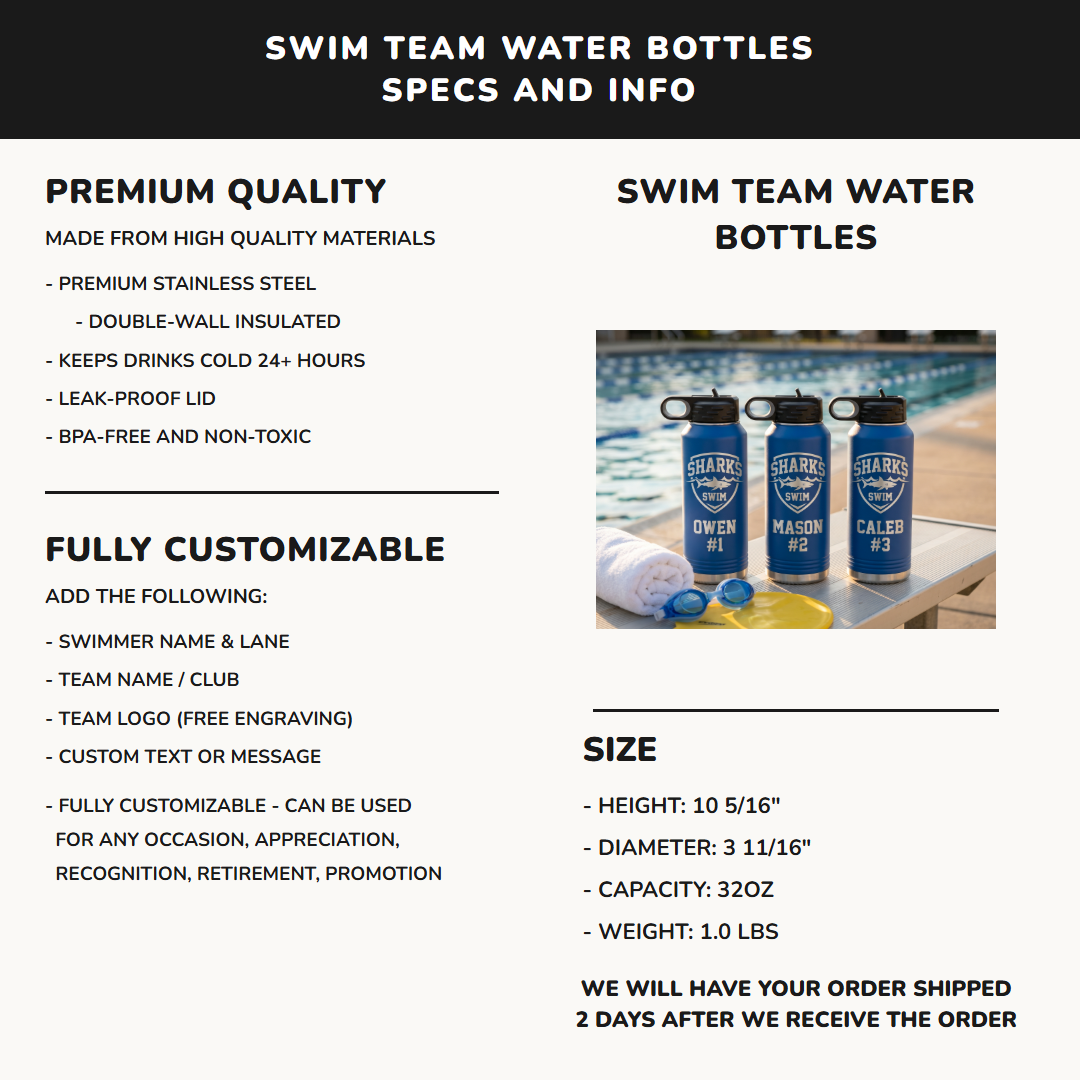 32oz swim team water bottle specifications premium stainless steel laser engraved insulated