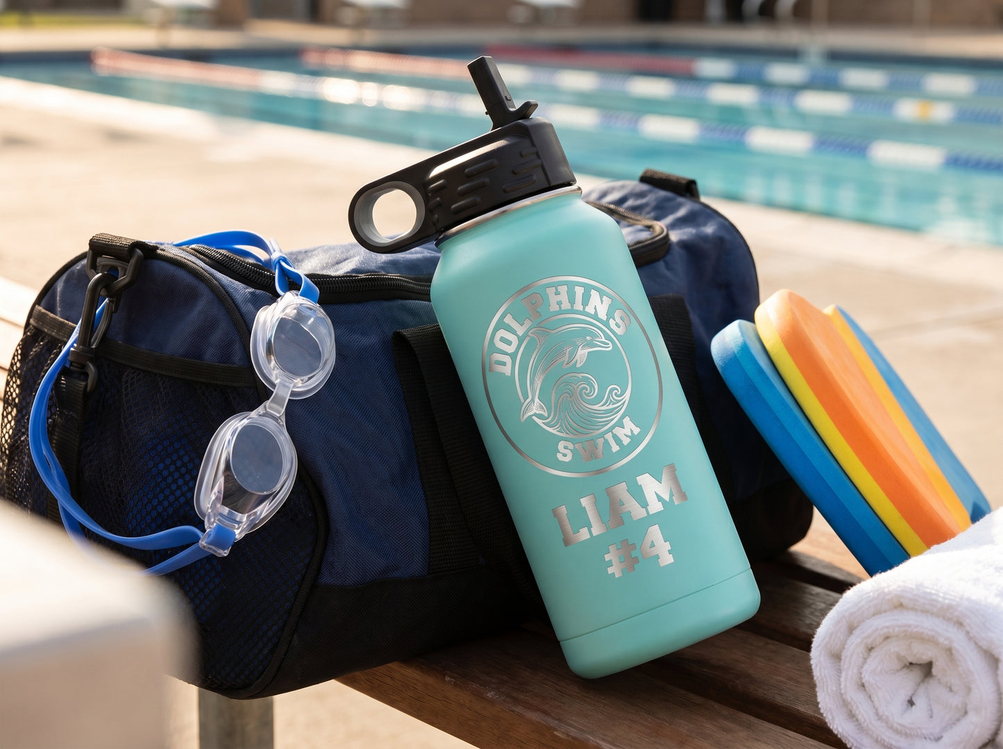 teal swim team water bottle resting on gear bag with goggles and kickboard pool deck