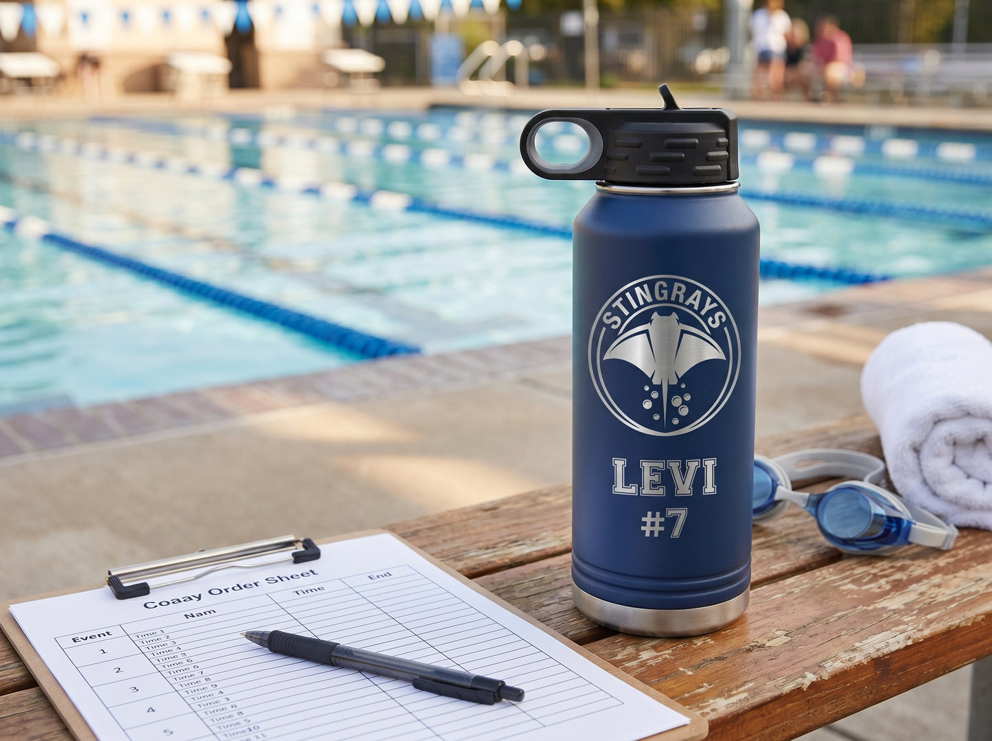 navy swim team water bottle next to coaches relay order clipboard pool side bench