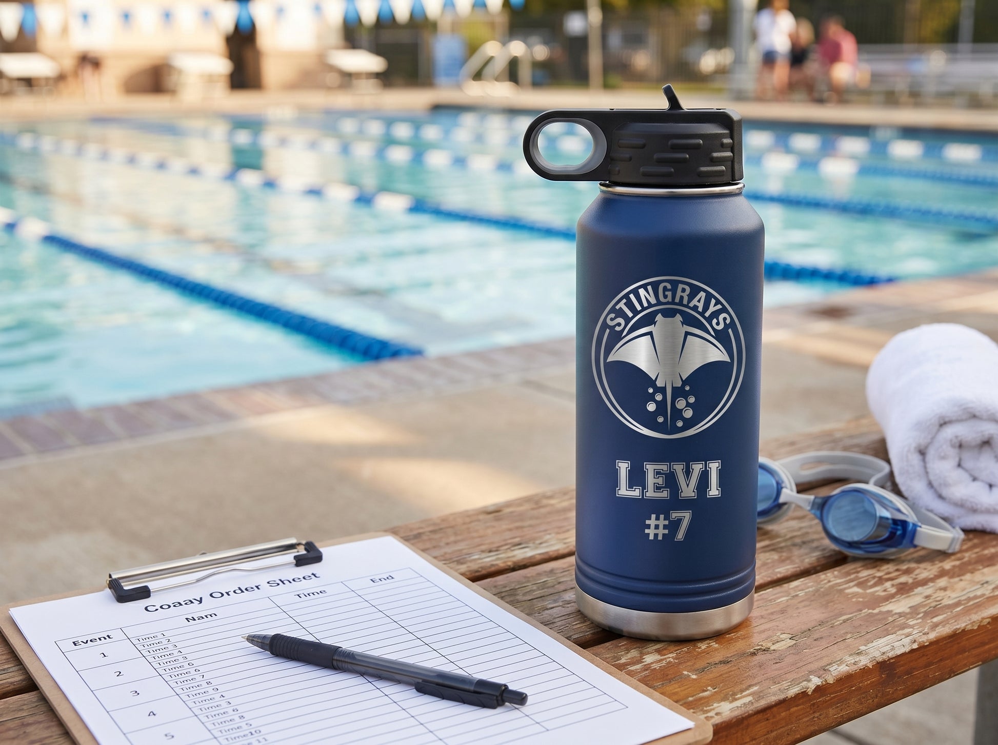 navy swim team water bottle next to coaches relay order clipboard pool side bench