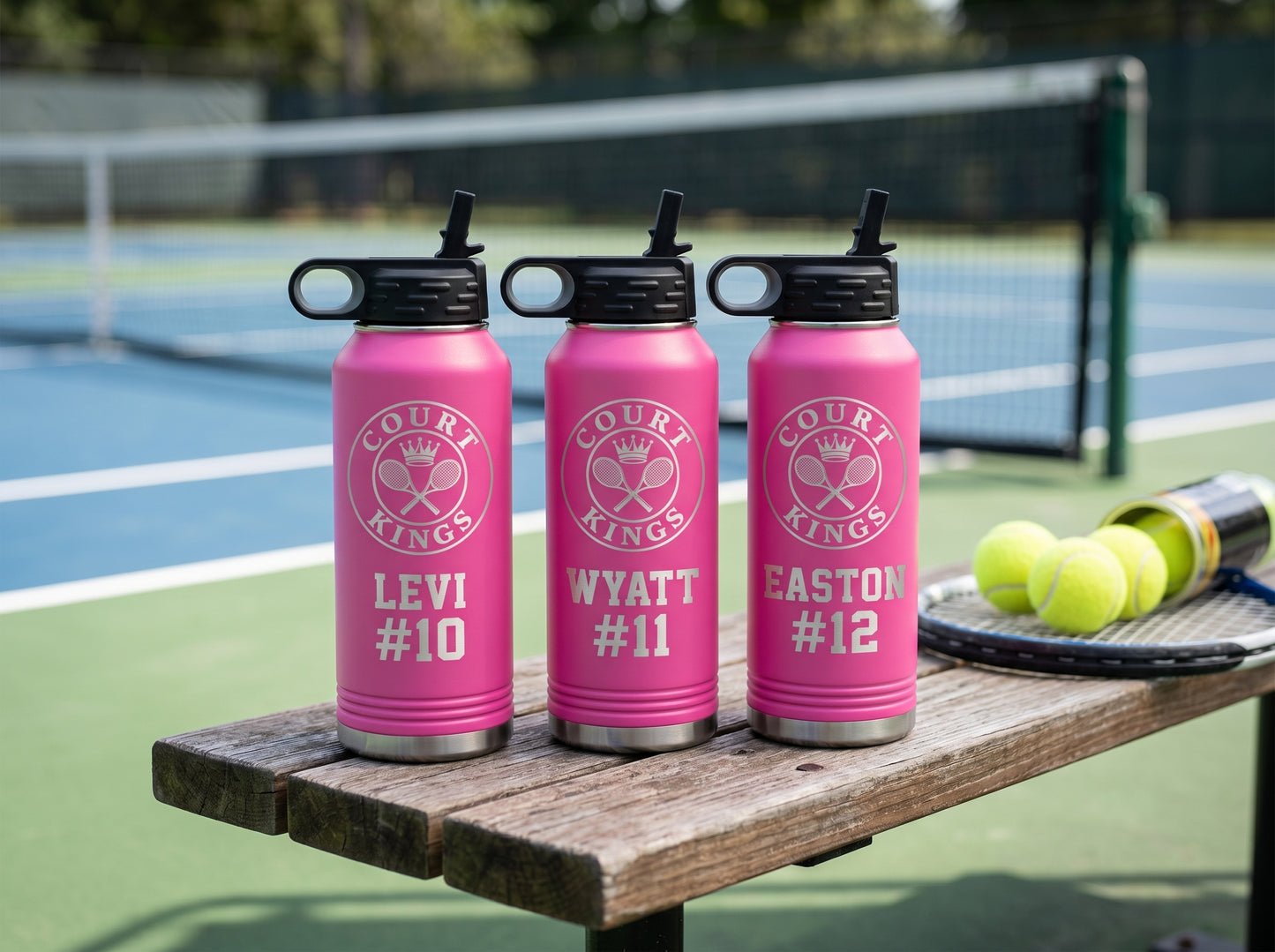 three hot pink tennis team water bottles personalized with player names and numbers court kings