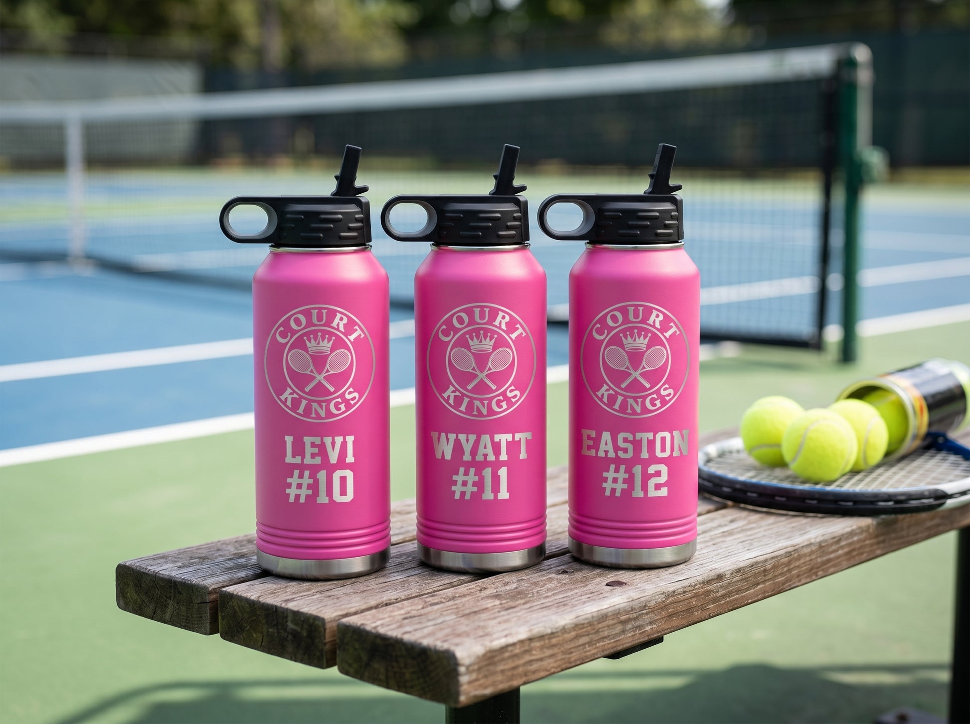 three hot pink tennis team water bottles personalized with player names and numbers court kings