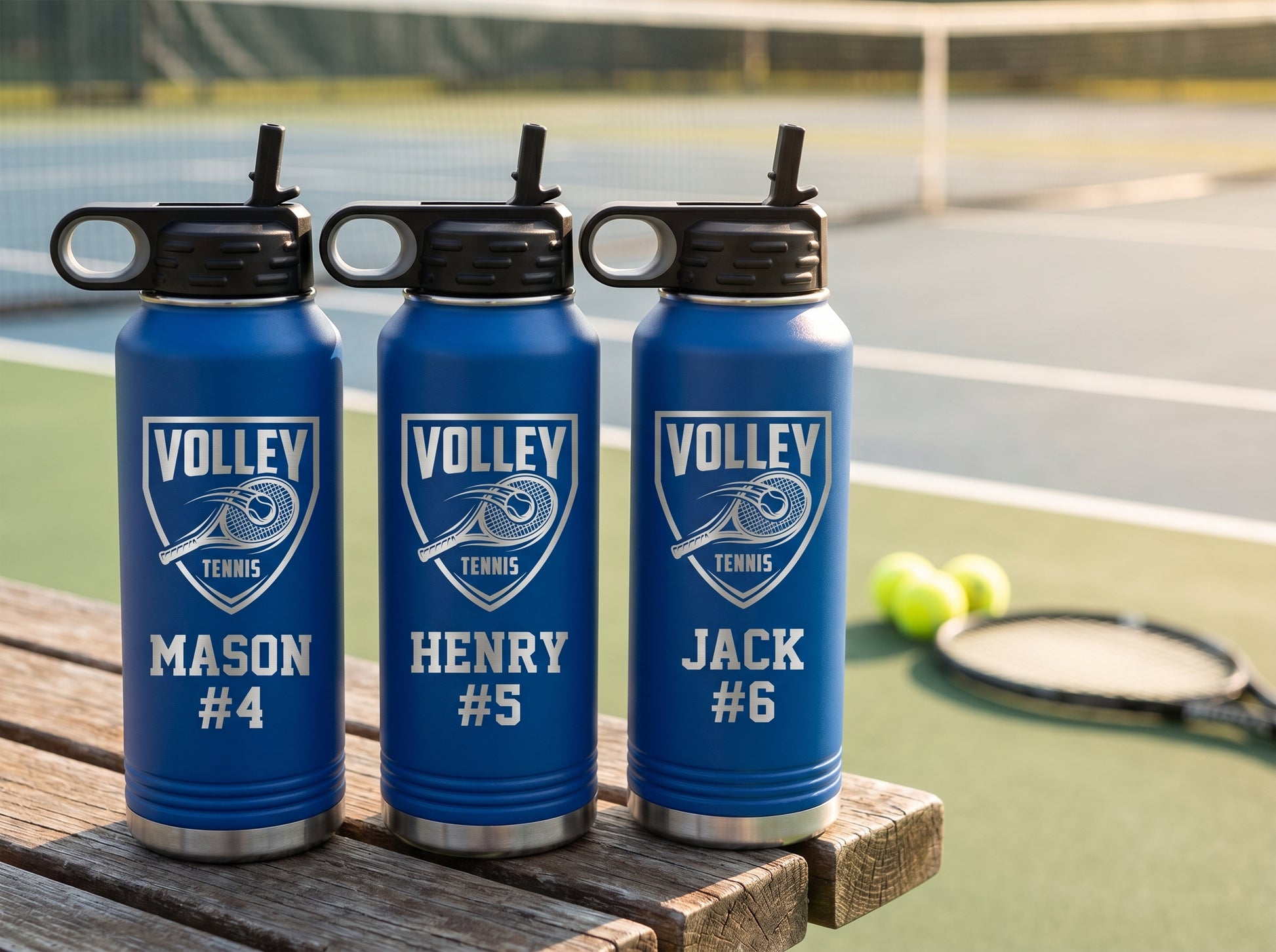 three royal blue tennis water bottles with team logo and player names lined up courtside