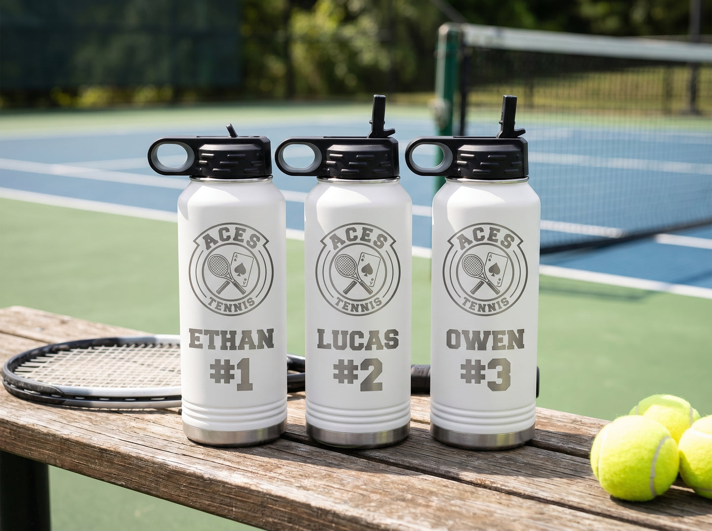 three white tennis team water bottles personalized with player names and numbers on courtside bench
