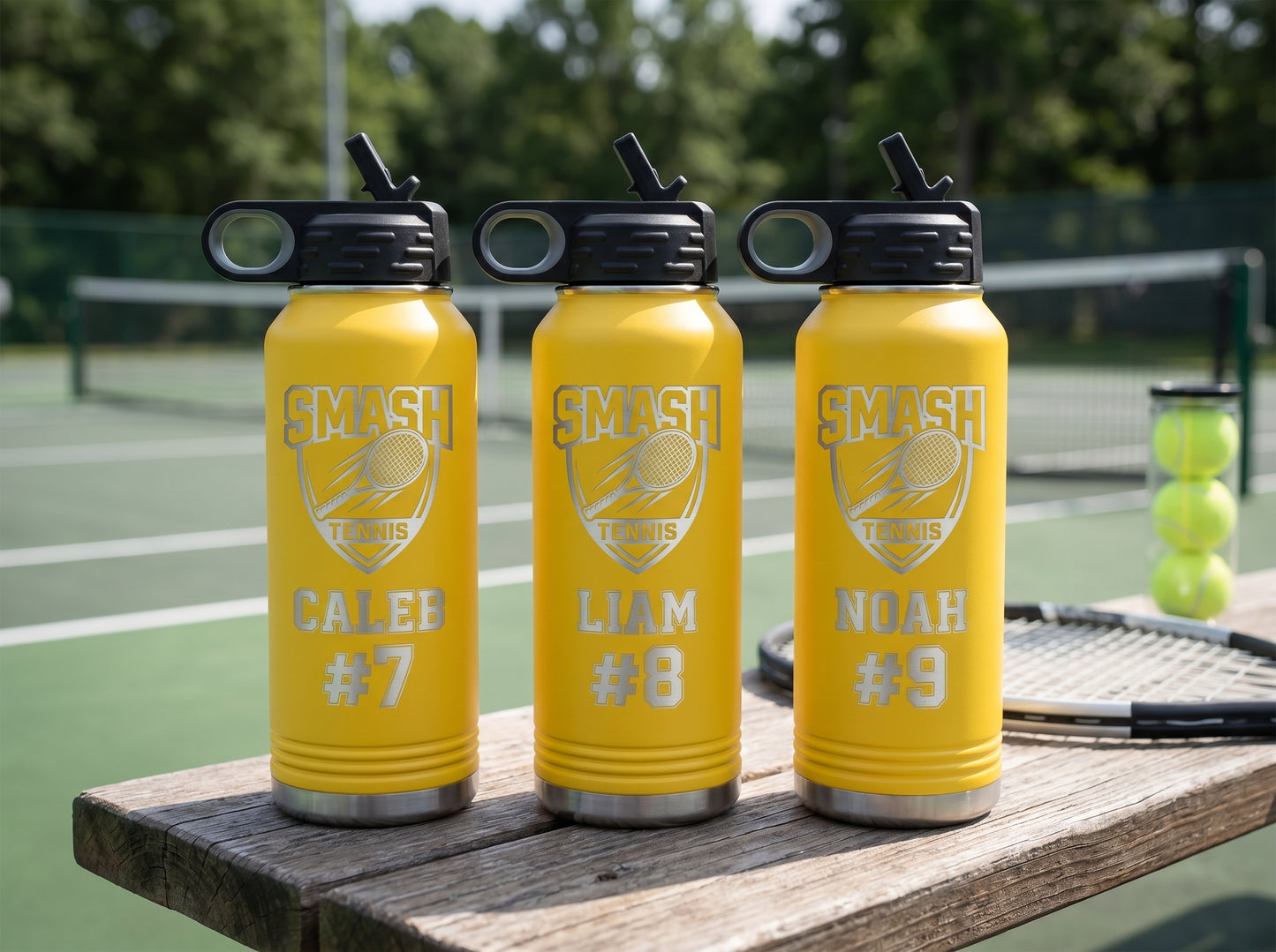 three yellow tennis team water bottles with team crest and individual player roster numbers