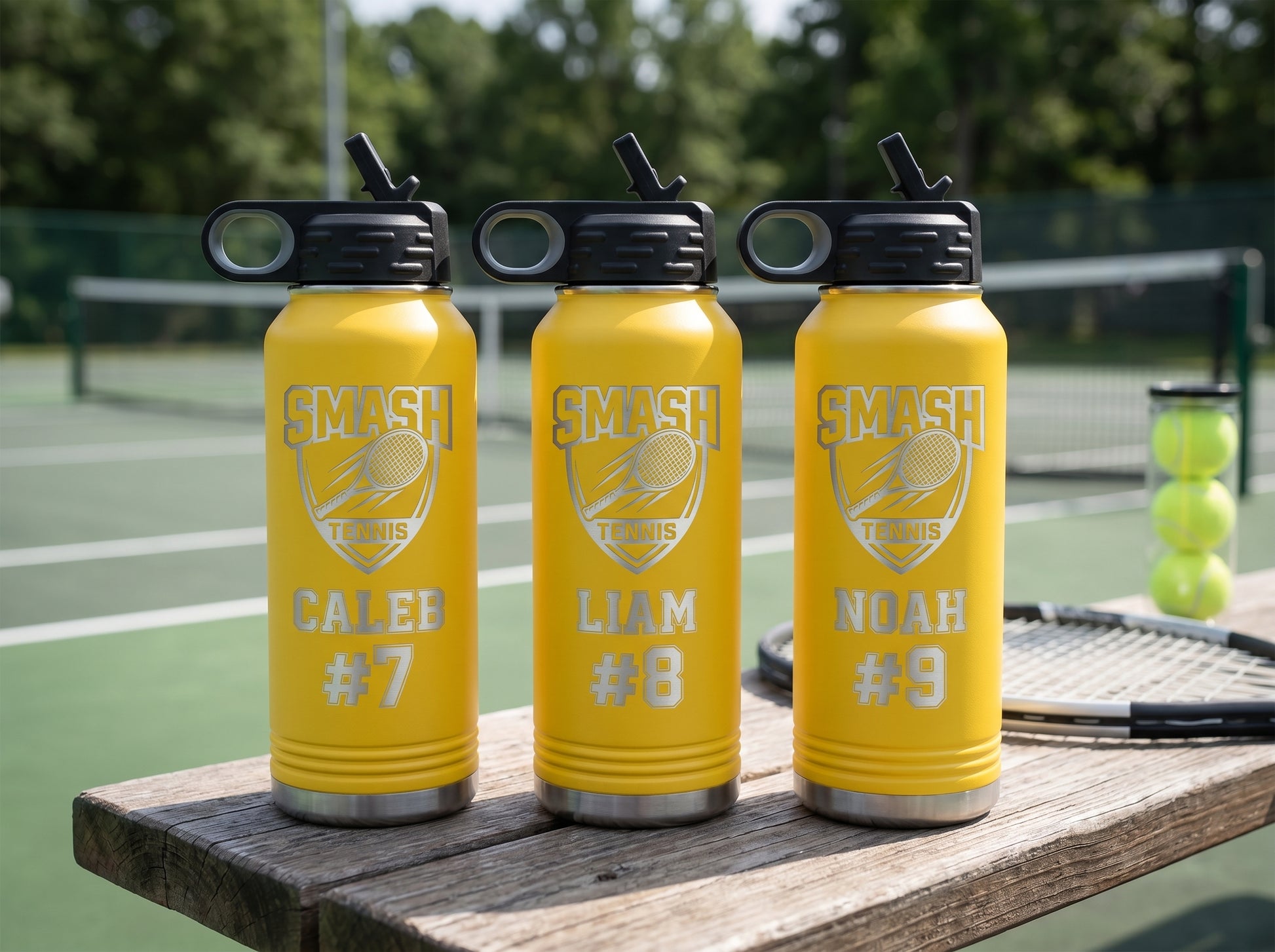 three yellow tennis team water bottles with team crest and individual player roster numbers