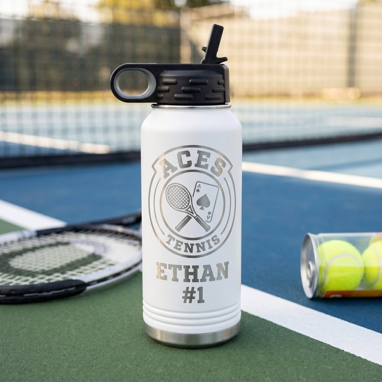 white 32oz water bottle personalized tennis player name engraved stainless steel aces