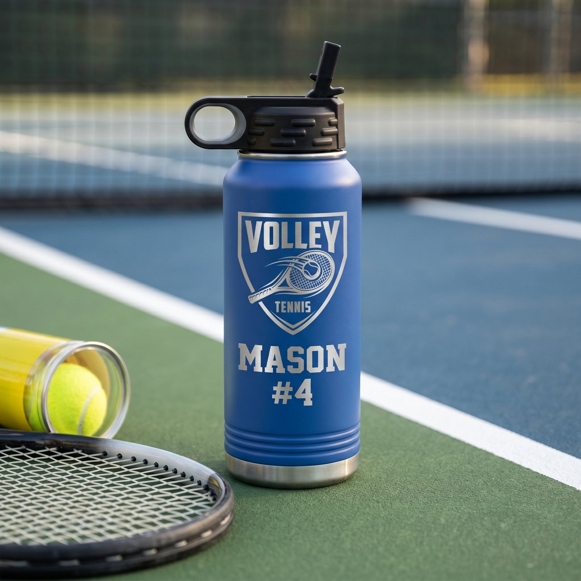 royal blue 32oz tennis team water bottle custom engraved with player roster number volley