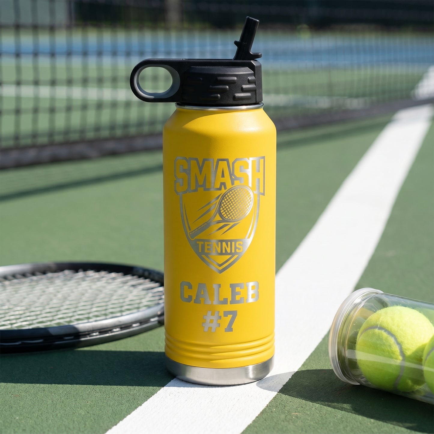 yellow 32oz engraved tennis water bottle with team crest and player name smash tennis