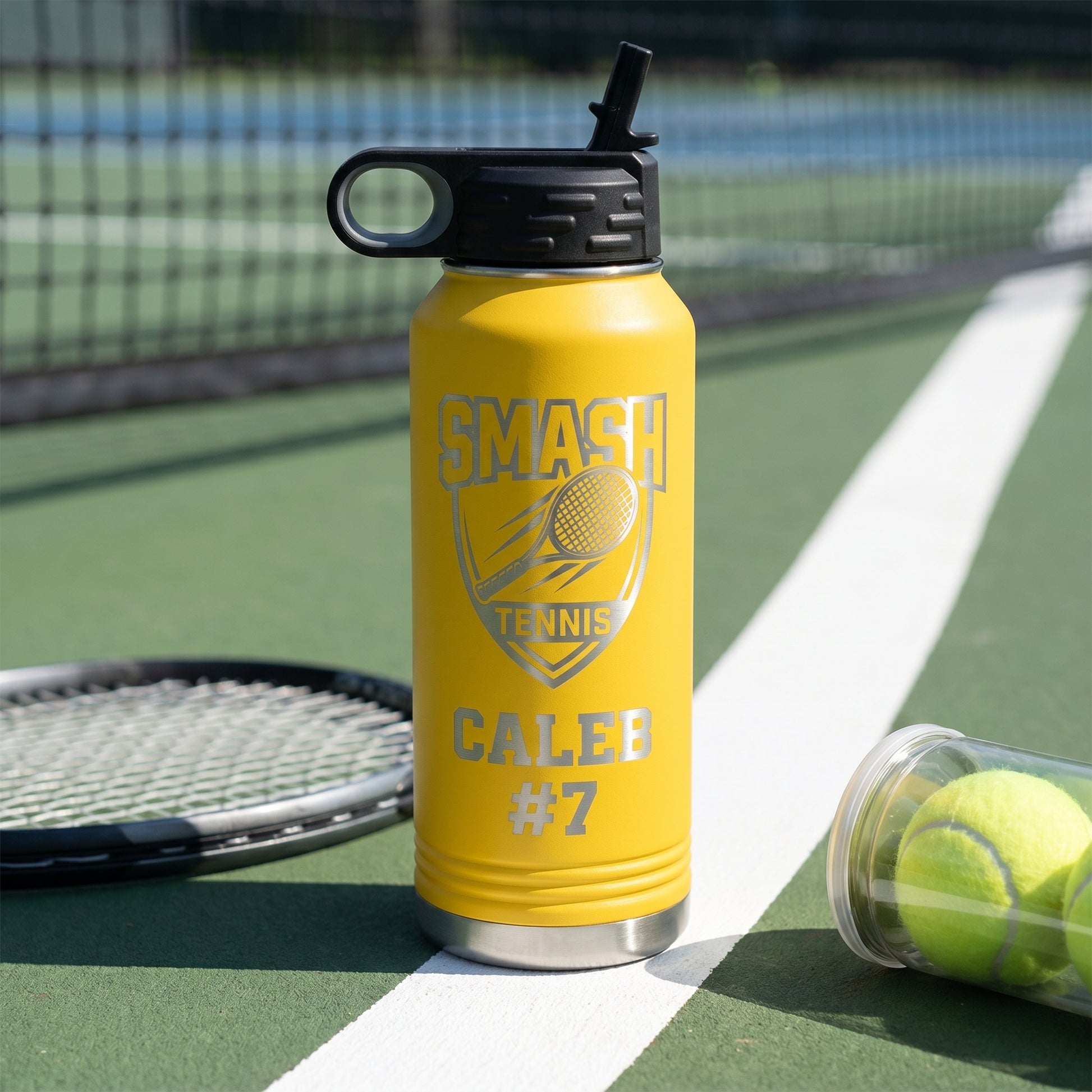 yellow 32oz engraved tennis water bottle with team crest and player name smash tennis