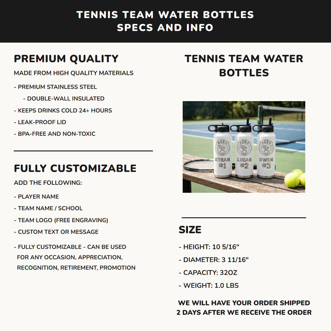 32oz tennis team water bottle specifications premium stainless steel laser engraved