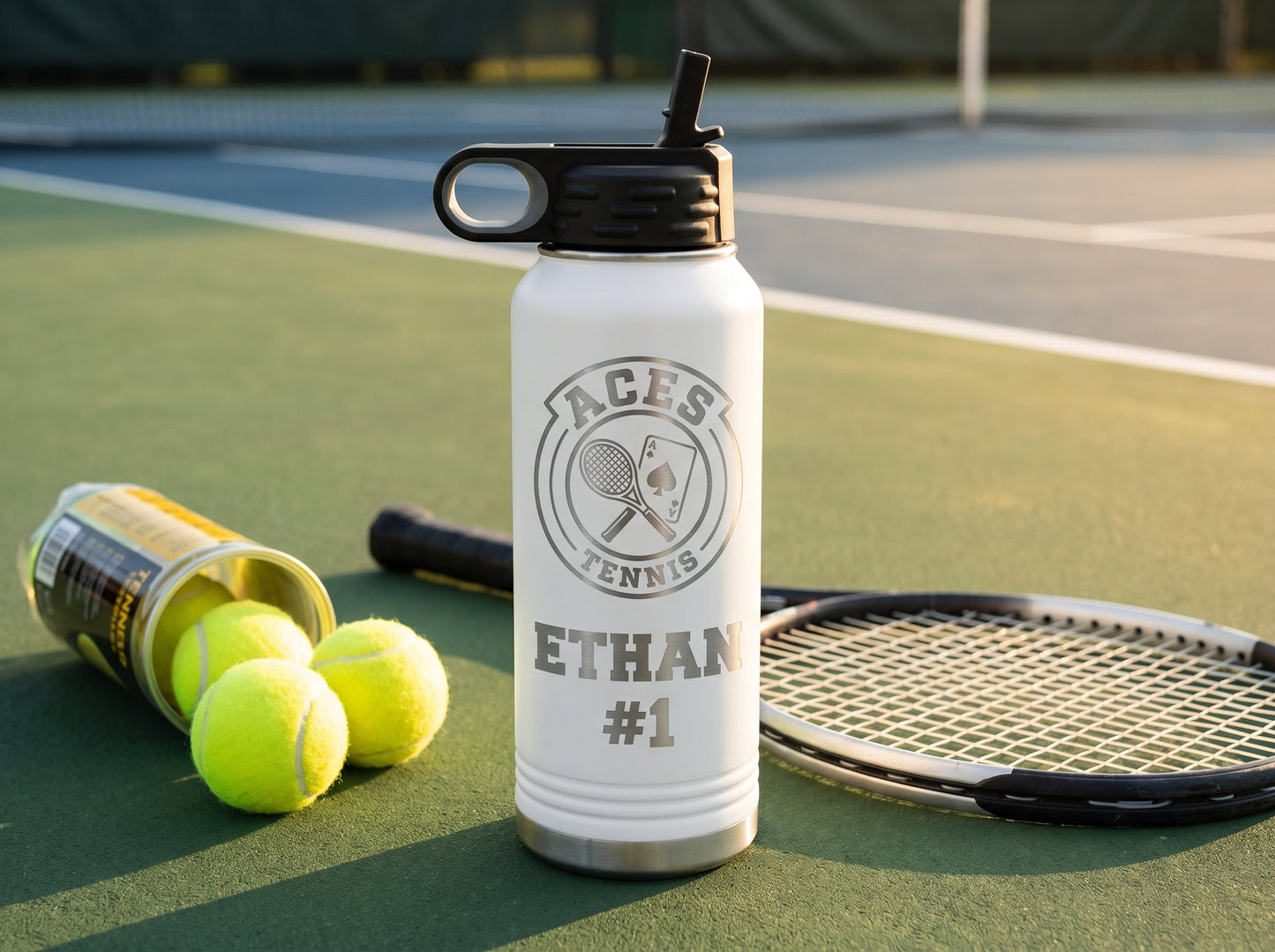 tennis team water bottle on court next to racket and can of tennis balls golden hour