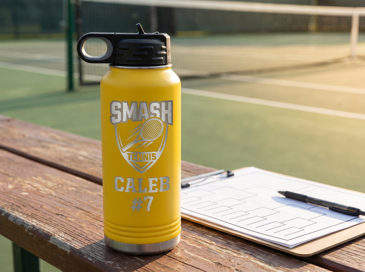 yellow engraved tennis water bottle next to coaches tactics clipboard with bracket on court bench