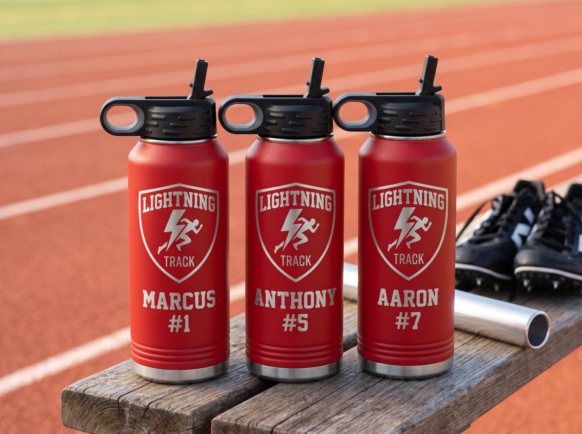 three red track and field team water bottles personalized with athlete names and bib numbers