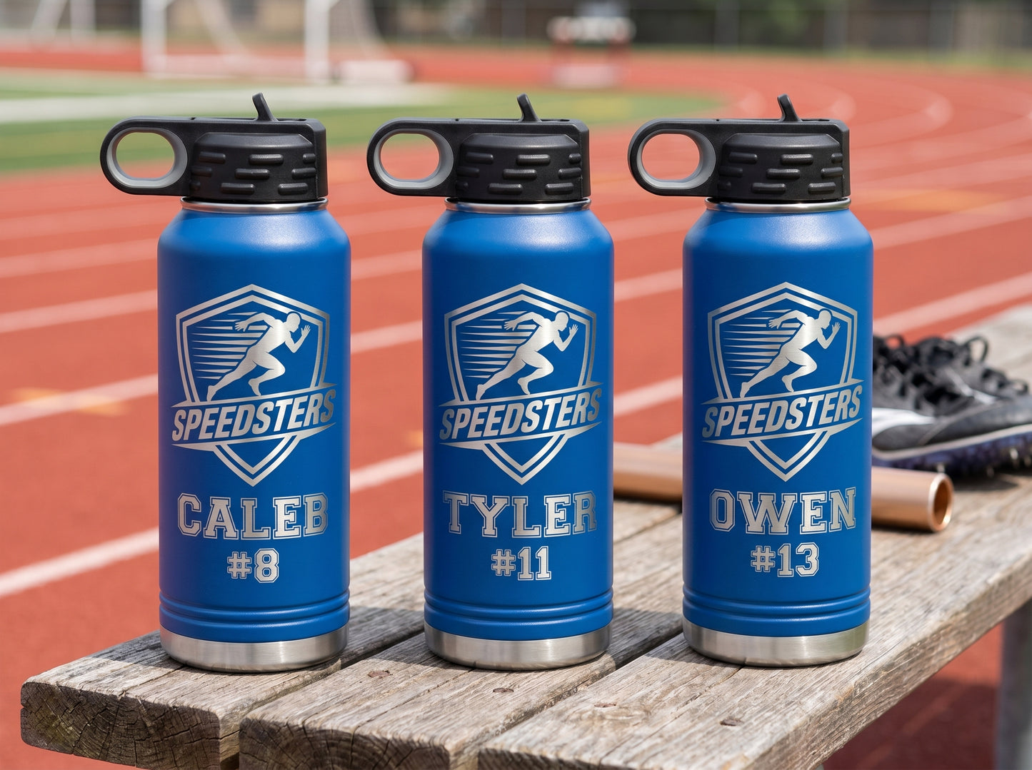 personalized track and field team water bottles royal blue 32oz with athlete names and bib numbers