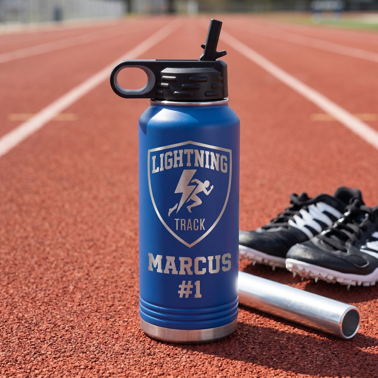 royal blue 32oz water bottle personalized track athlete name engraved stainless steel