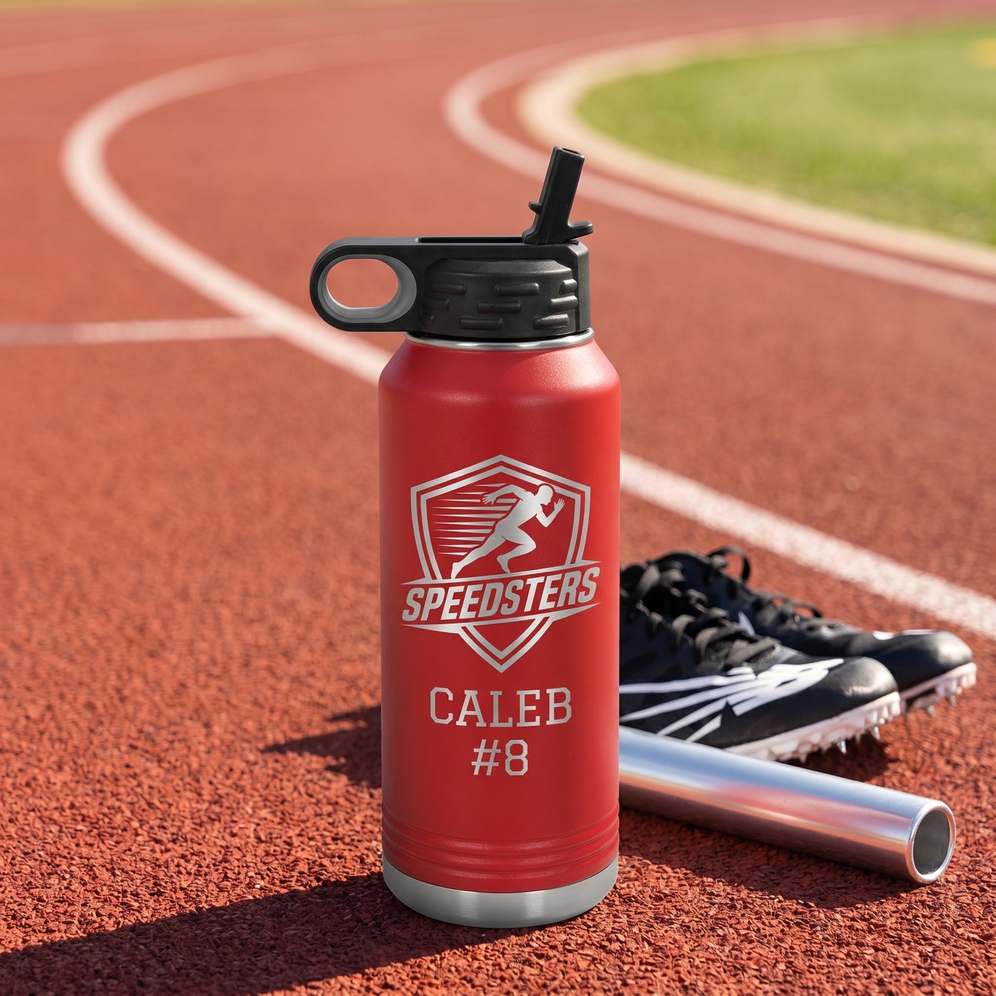 red 32oz track and field team water bottle custom engraved with athlete bib number