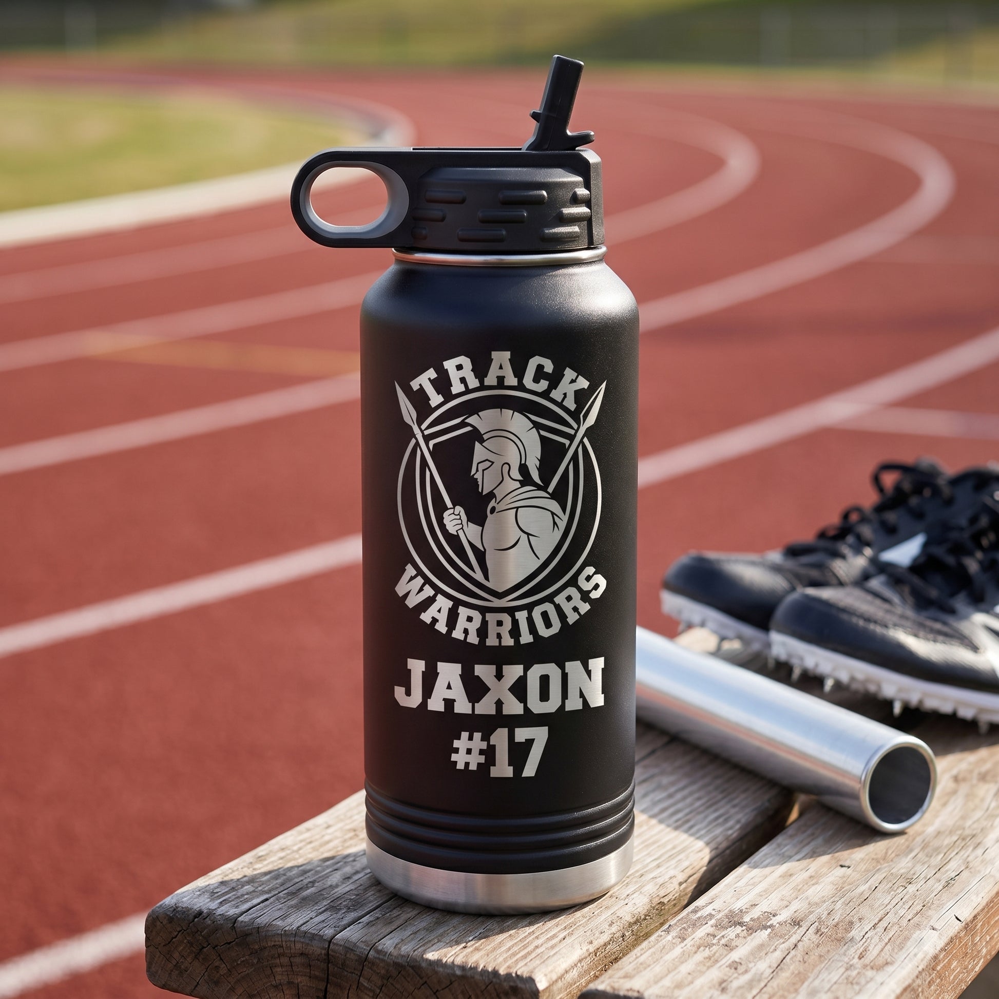 black 32oz engraved track and field water bottle with team crest and athlete name