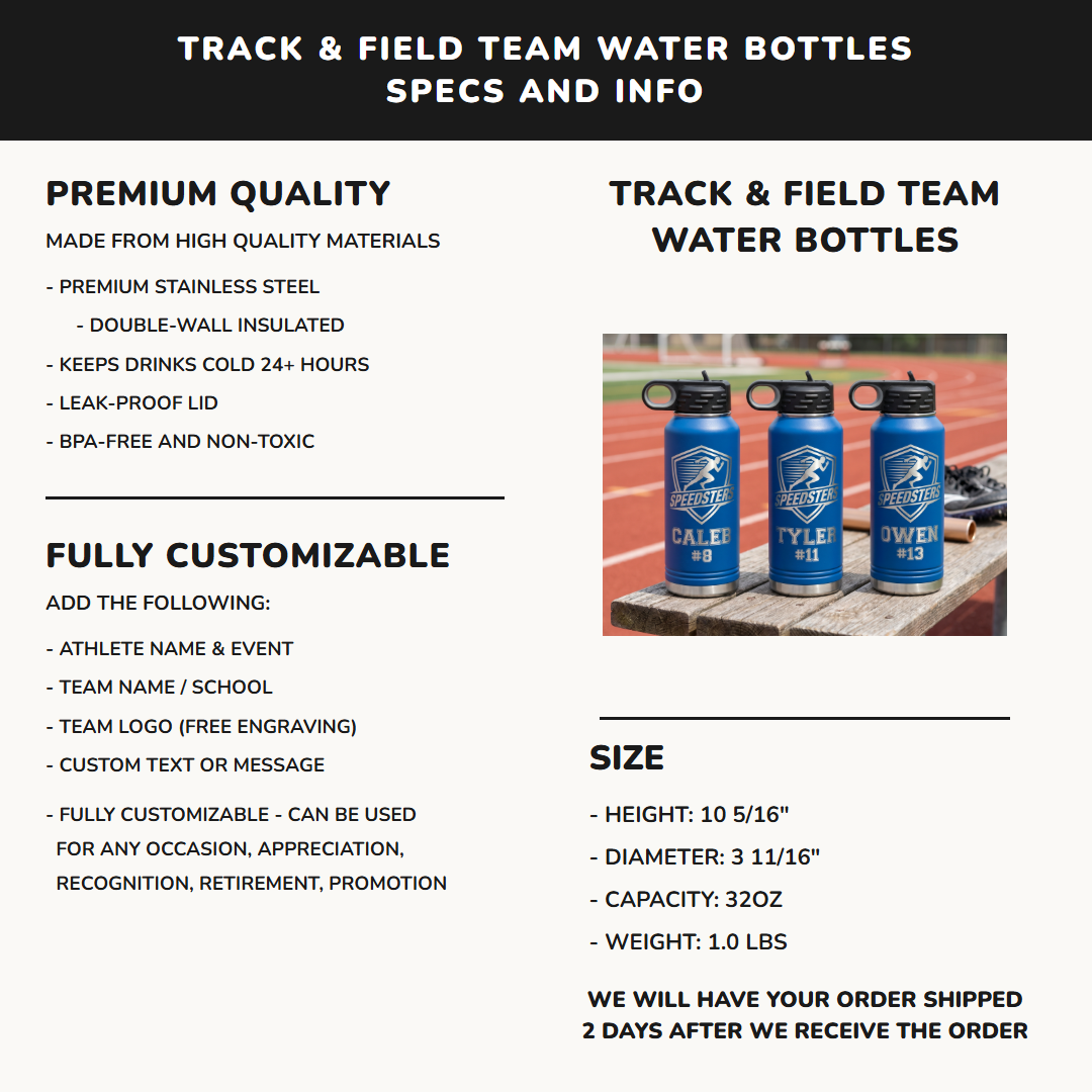 32oz track and field team water bottle specifications premium stainless steel laser engraved