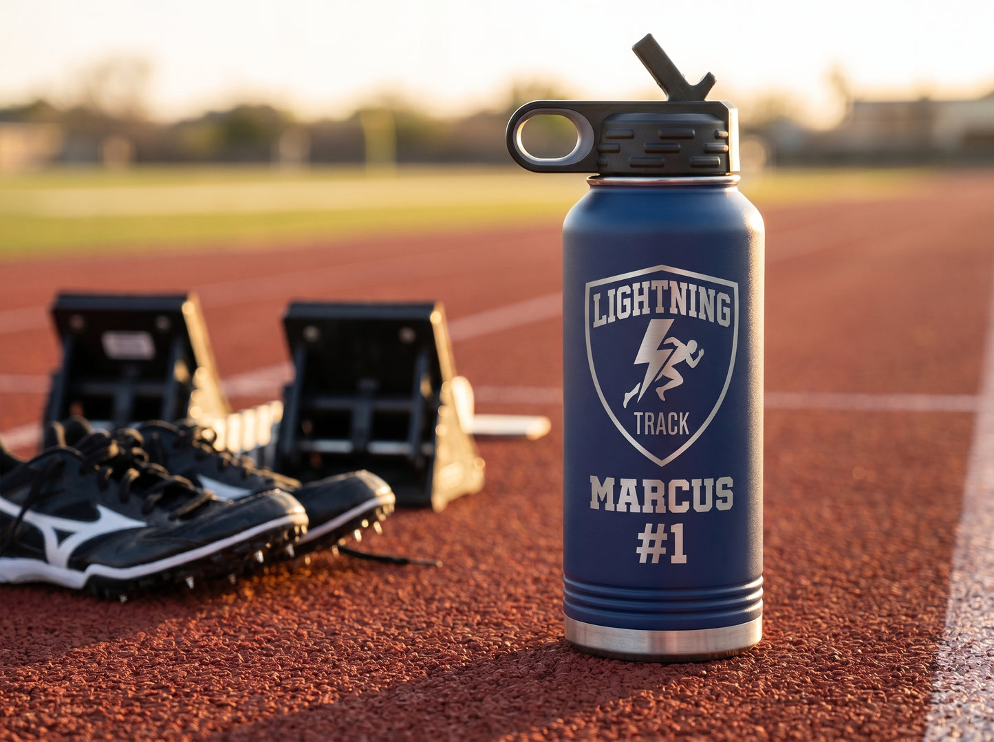 track team water bottle on synthetic lane with starting blocks and running spikes golden hour