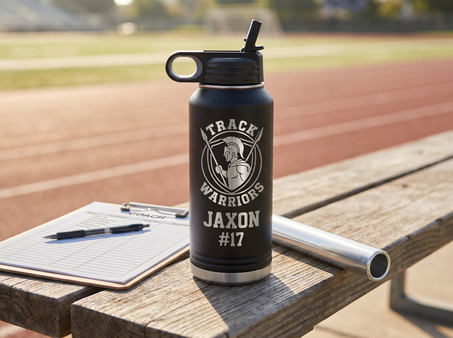 black track team water bottle next to coaches clipboard with event order sheet trackside bench