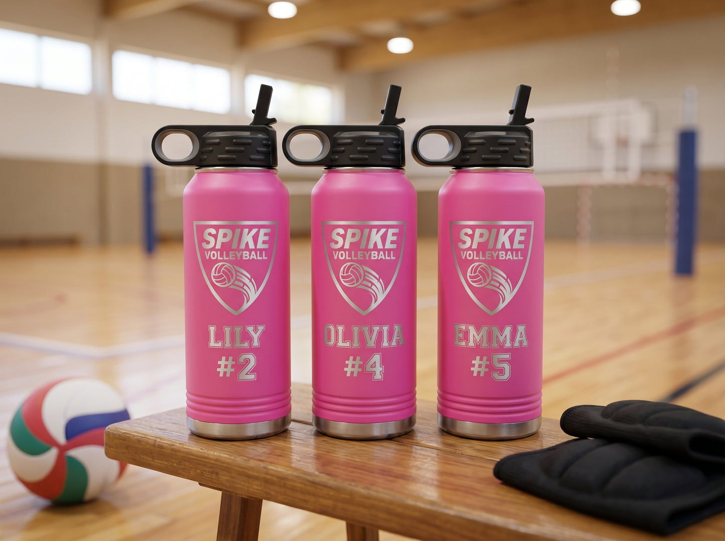 personalized volleyball team water bottles hot pink 32oz with player names and jersey numbers
