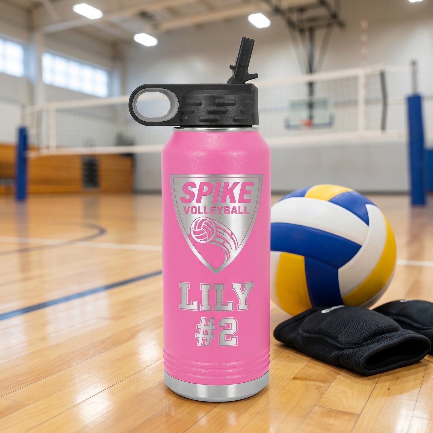 hot pink 32oz water bottle personalized volleyball player name engraved stainless steel