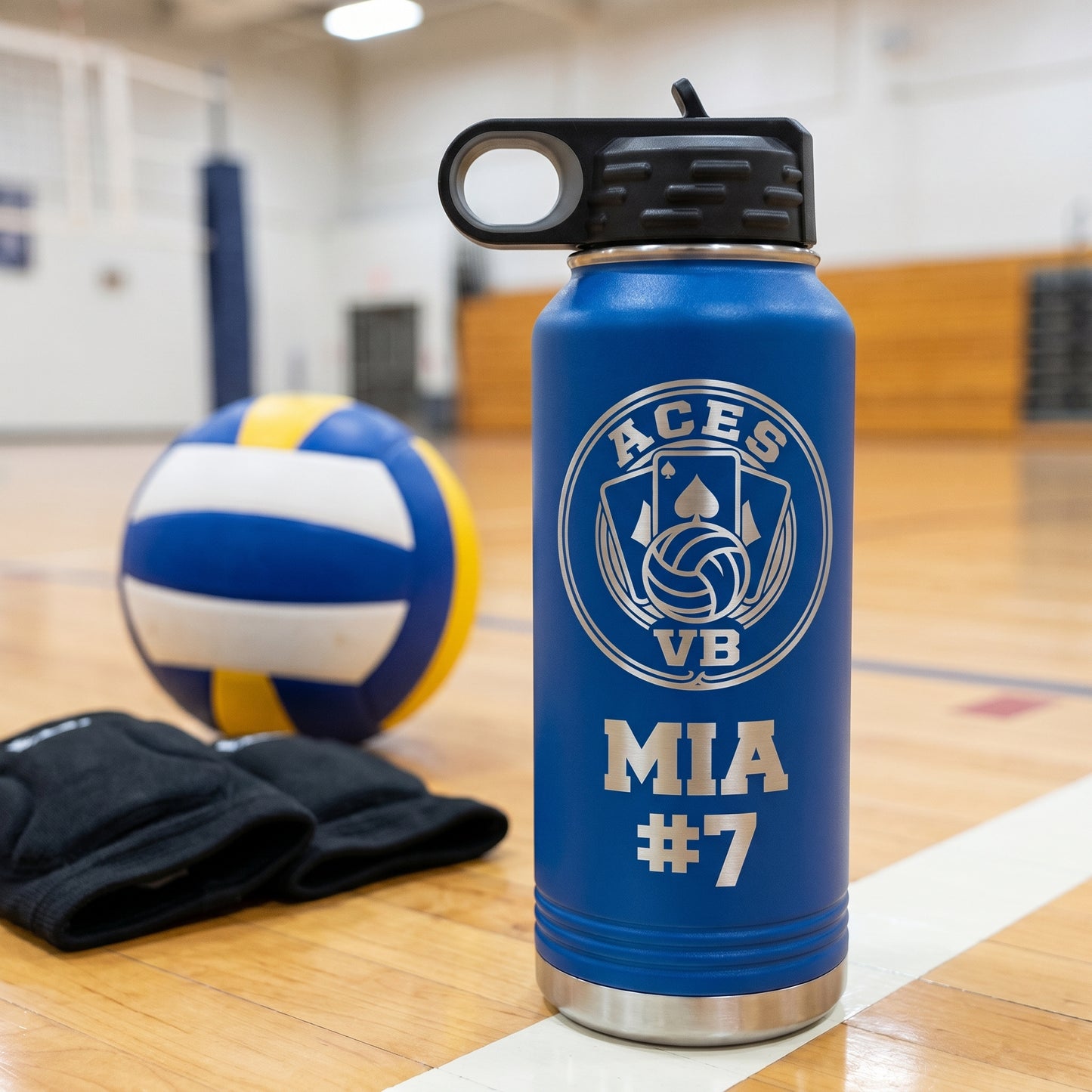 royal blue 32oz volleyball team water bottle custom engraved with player jersey number