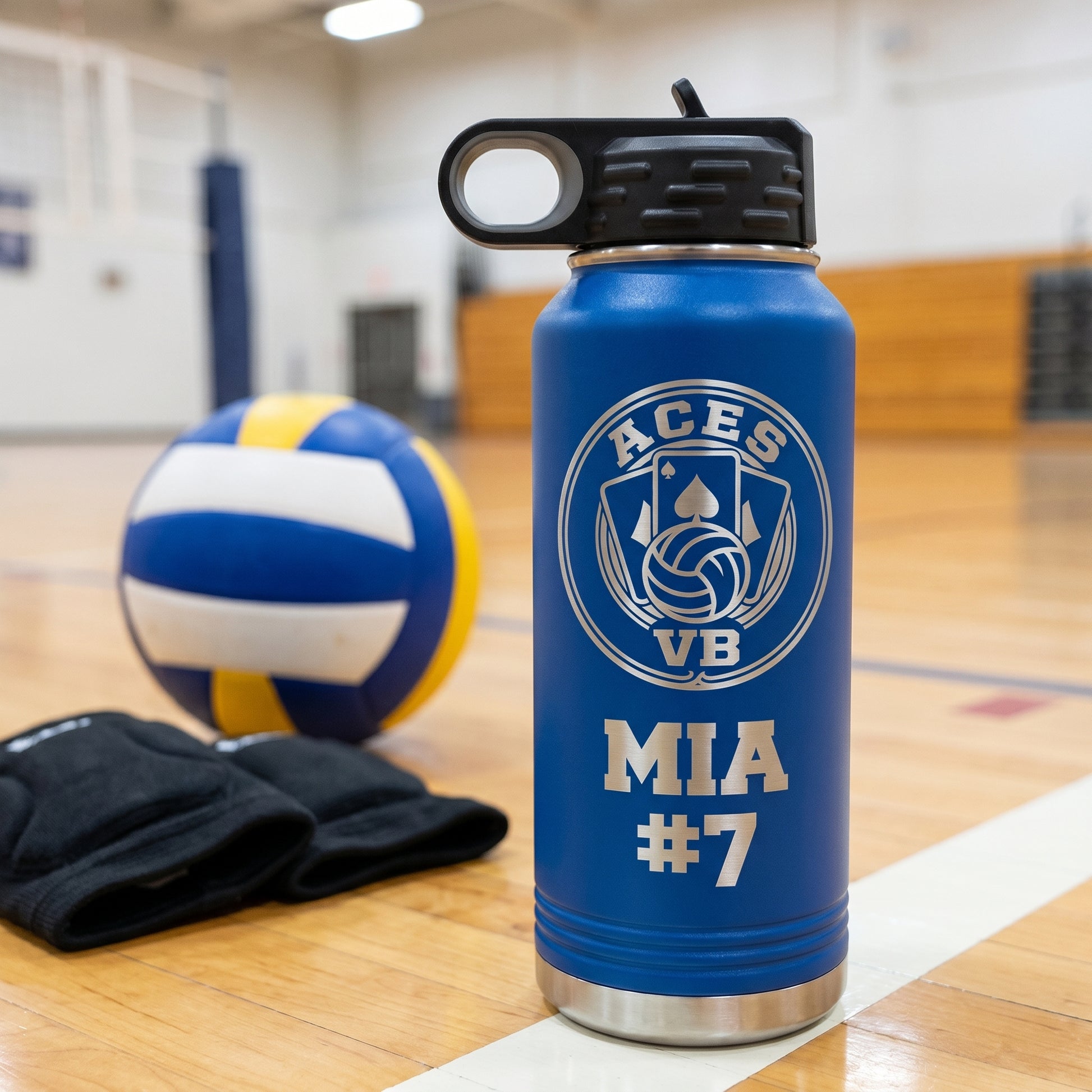 royal blue 32oz volleyball team water bottle custom engraved with player jersey number