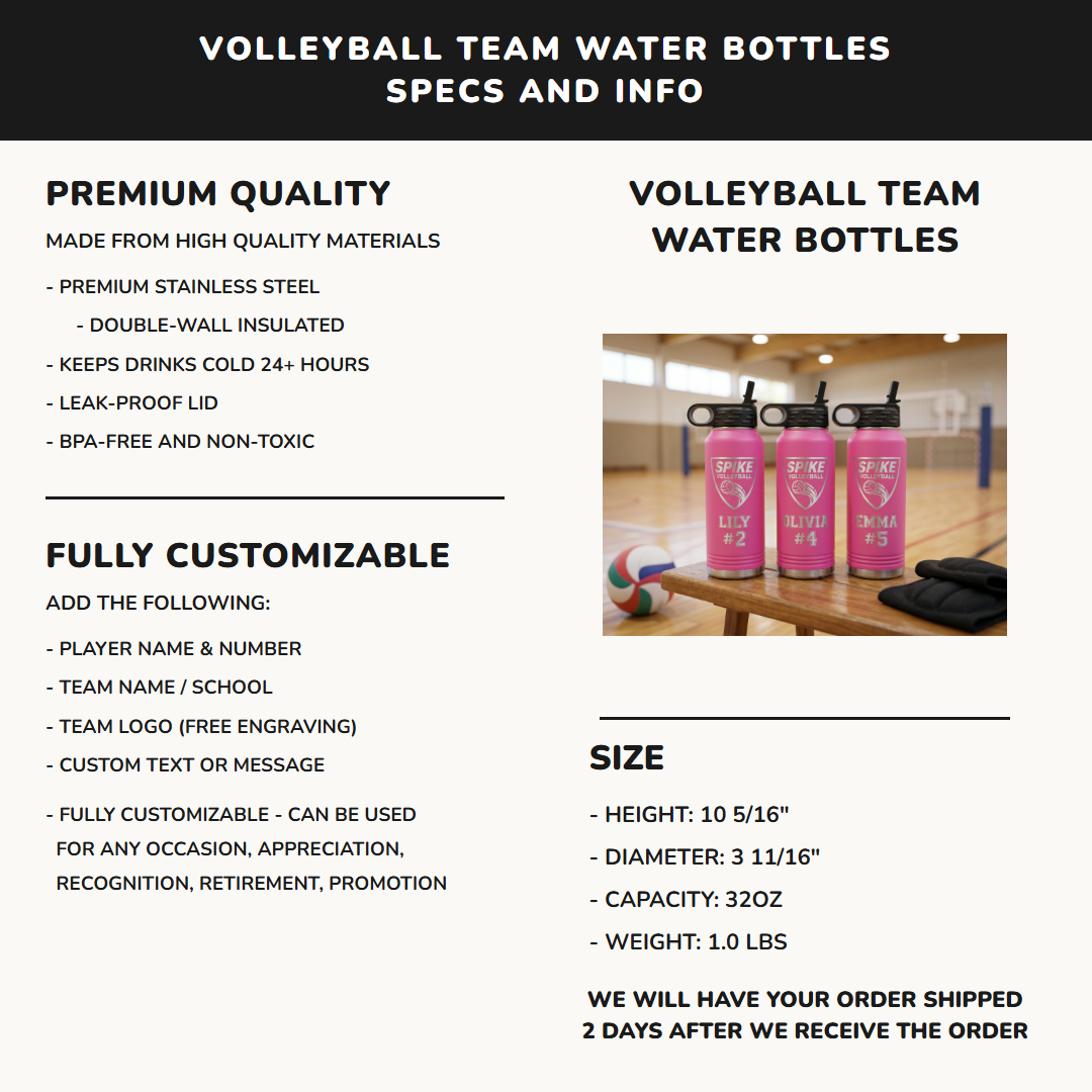 32oz volleyball team water bottle specifications premium stainless steel laser engraved