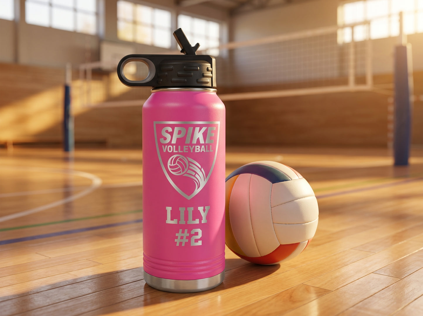 volleyball team water bottle on hardwood gym court with volleyball at base golden hour window light