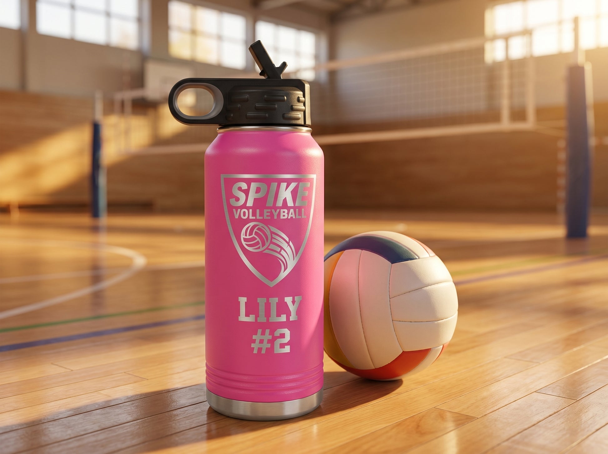 volleyball team water bottle on hardwood gym court with volleyball at base golden hour window light