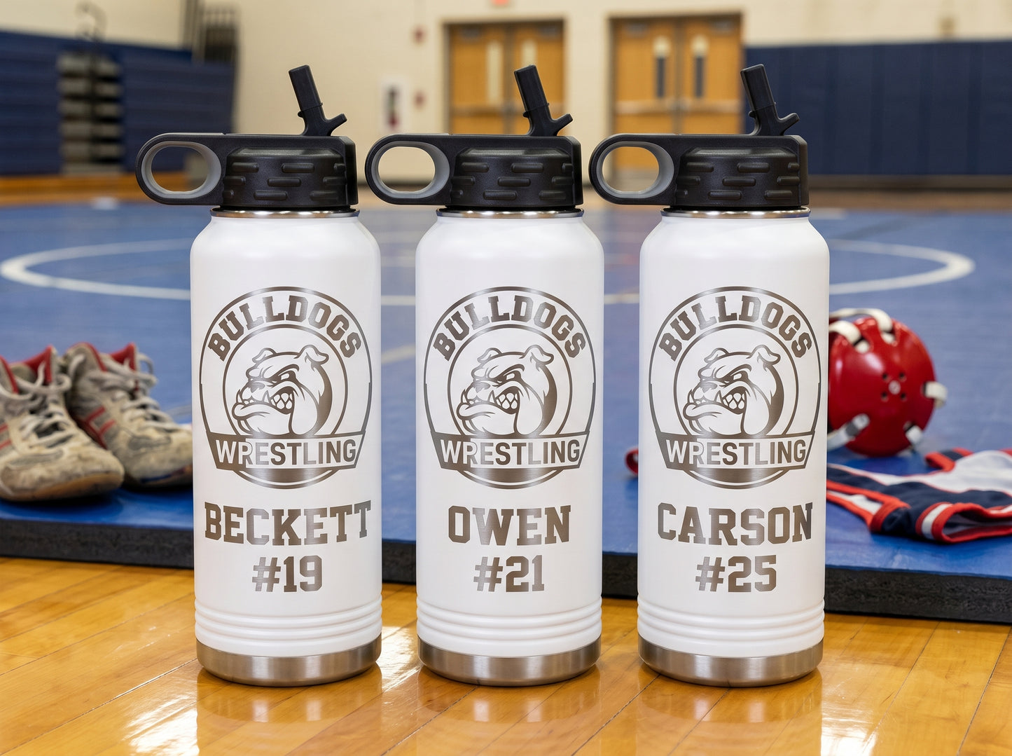 three white wrestling team water bottles personalized bulldogs wrestling team roster