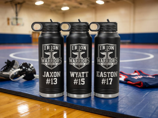 personalized wrestling team water bottles black 32oz with wrestler names and jersey numbers