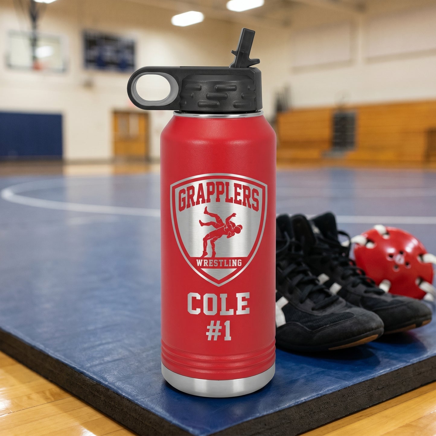 red 32oz water bottle personalized wrestler name engraved stainless steel grapplers
