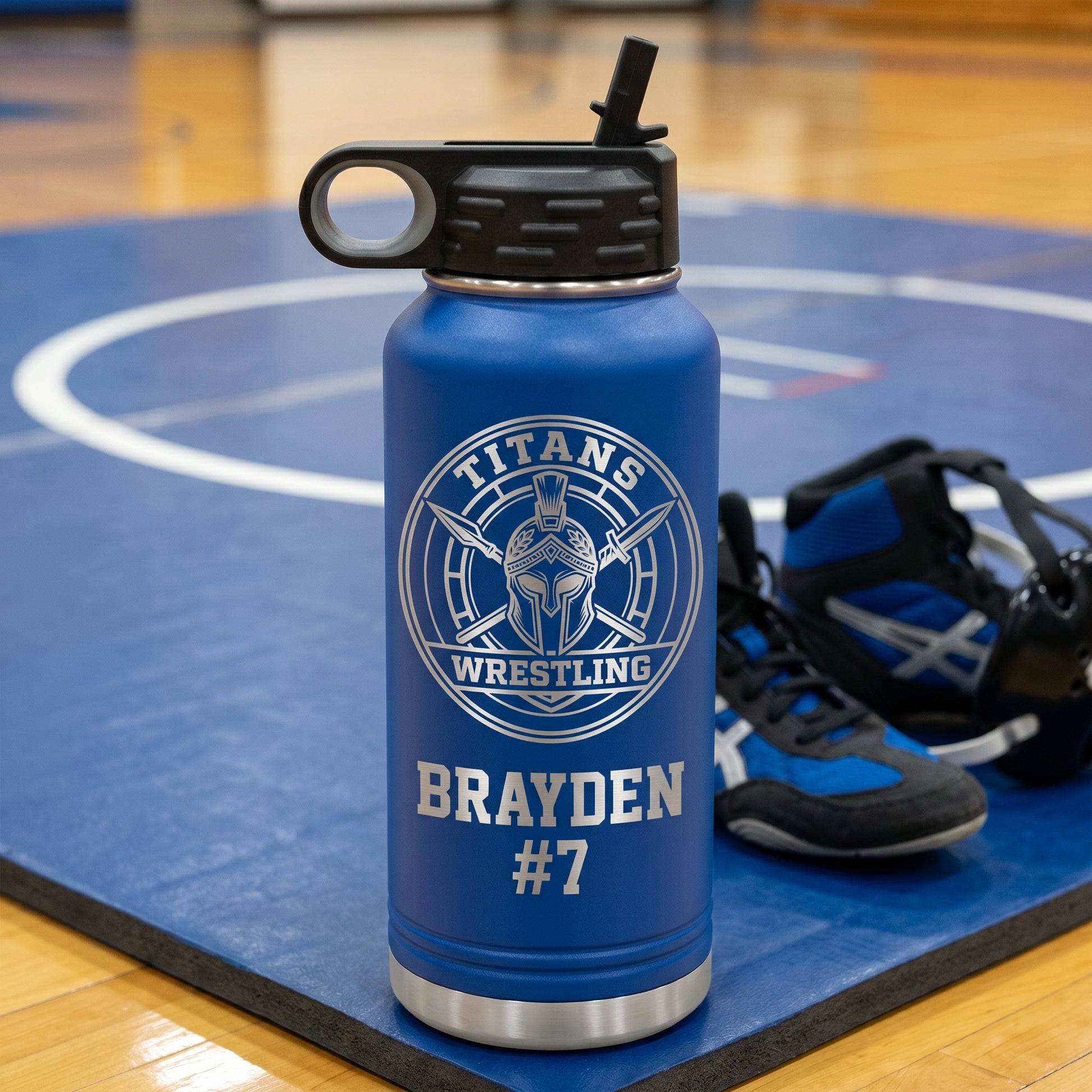 royal blue 32oz wrestling team water bottle custom engraved with wrestler jersey number titans