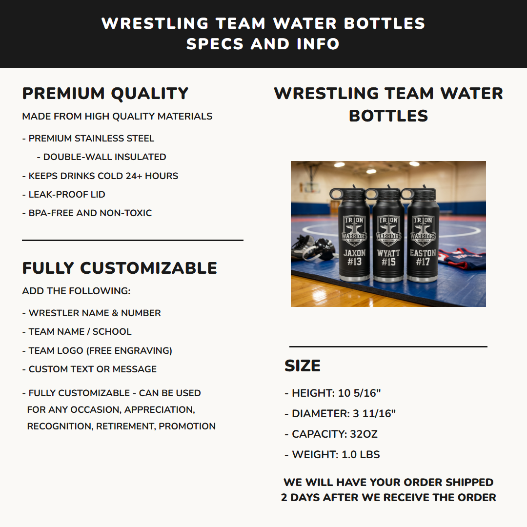 32oz wrestling team water bottle specifications premium stainless steel laser engraved