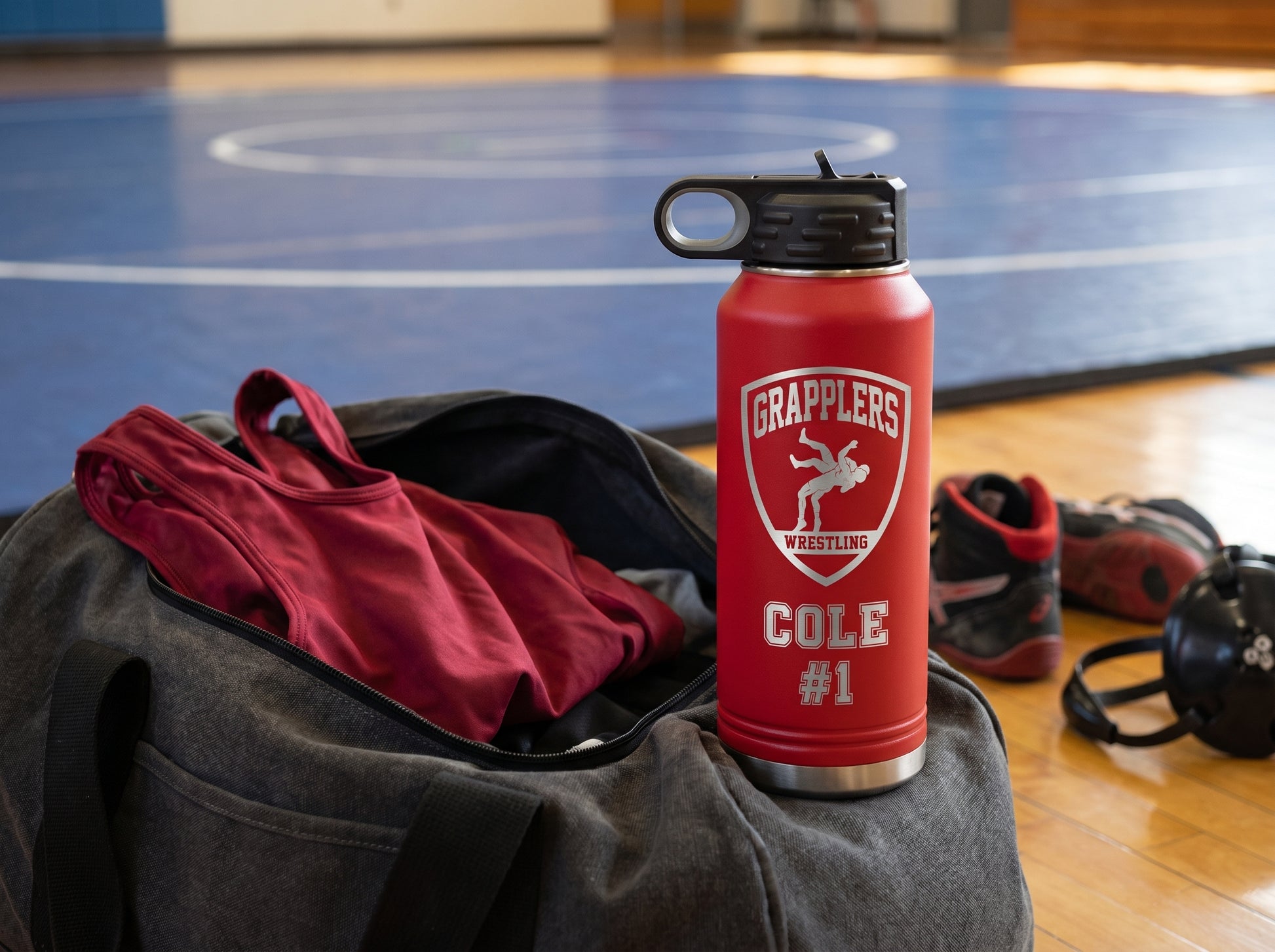 red wrestling team water bottle resting on gear bag with wrestling shoes and headgear visible