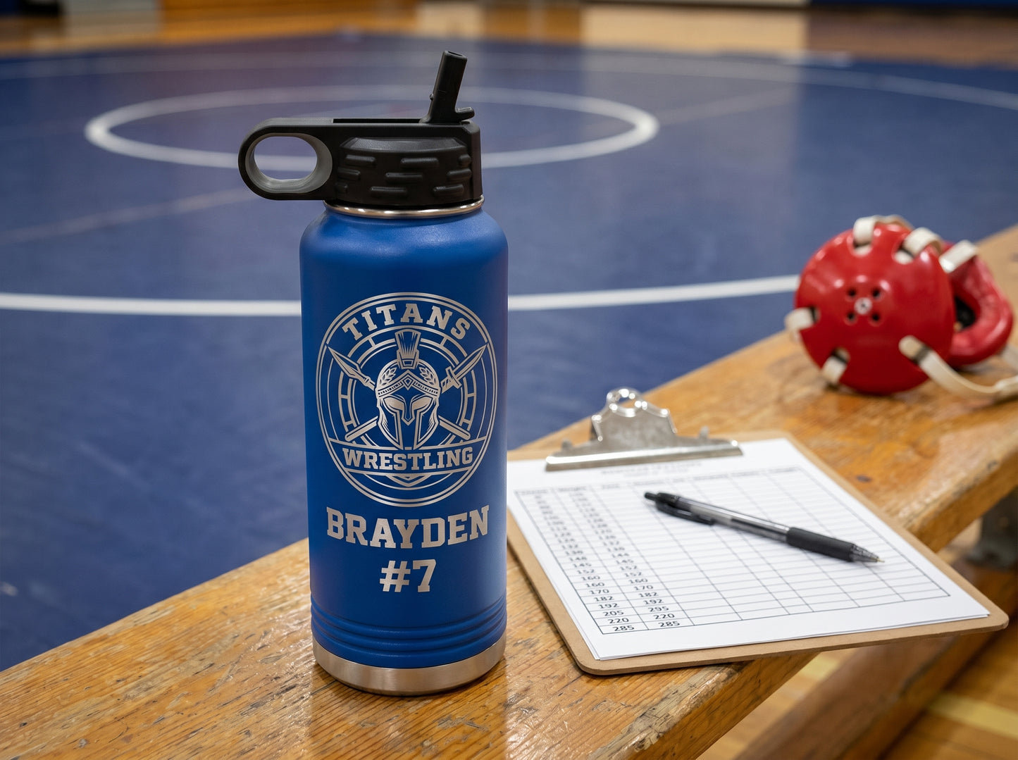 royal blue engraved wrestling water bottle next to coach clipboard with weight chart on bench