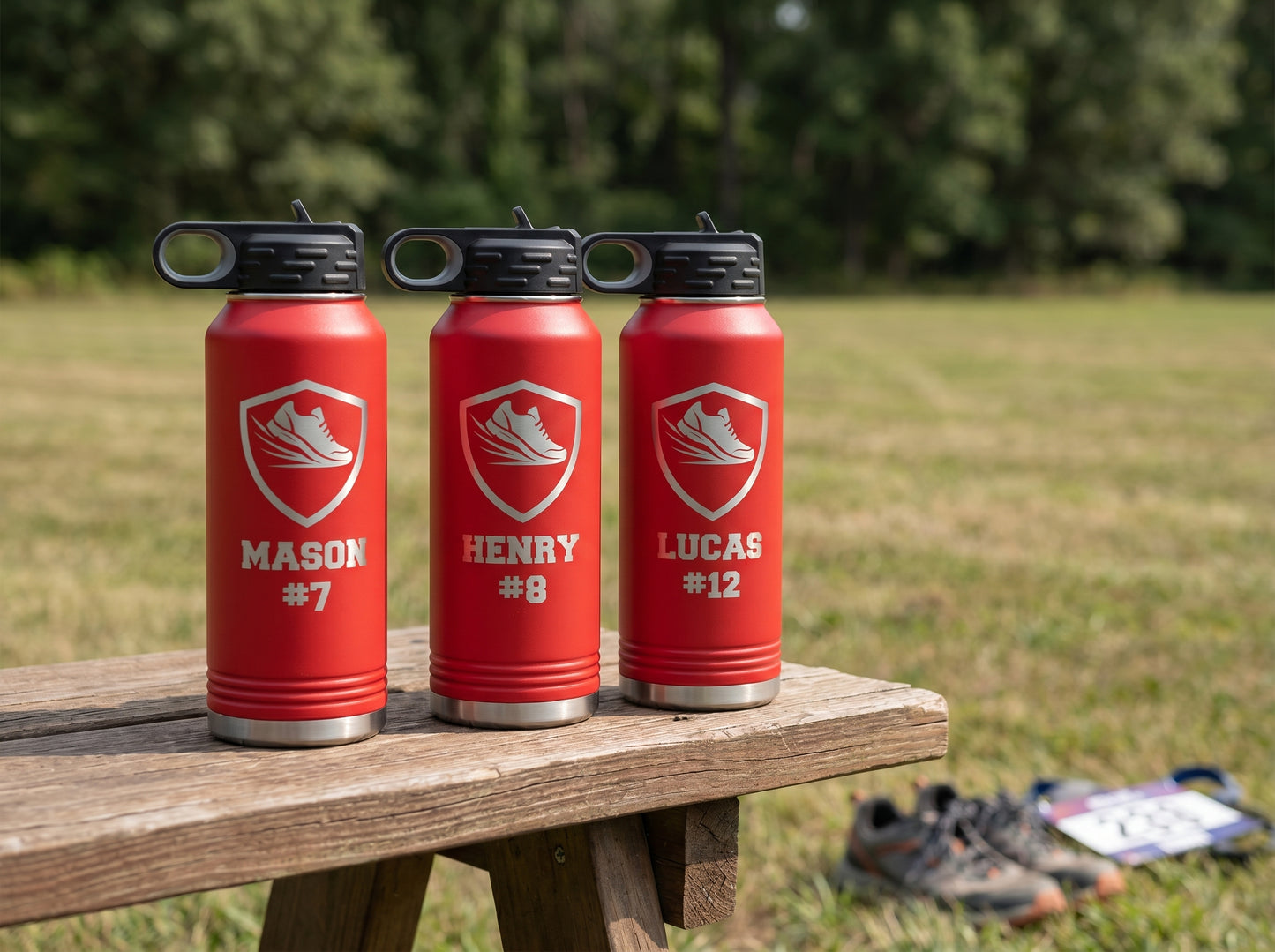 three red cross country team water bottles with team crest and individual runner bib numbers