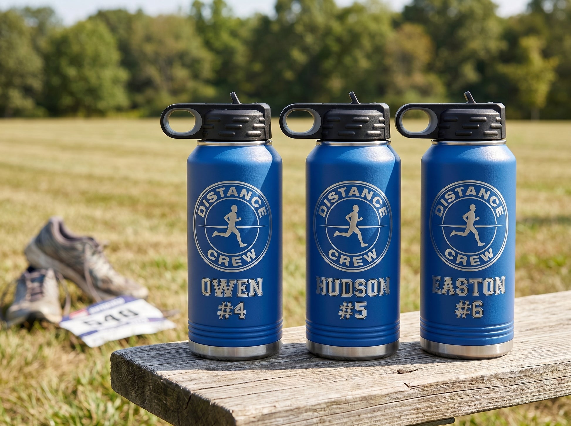 three royal blue cross country water bottles with team logo and runner names lined up on bench