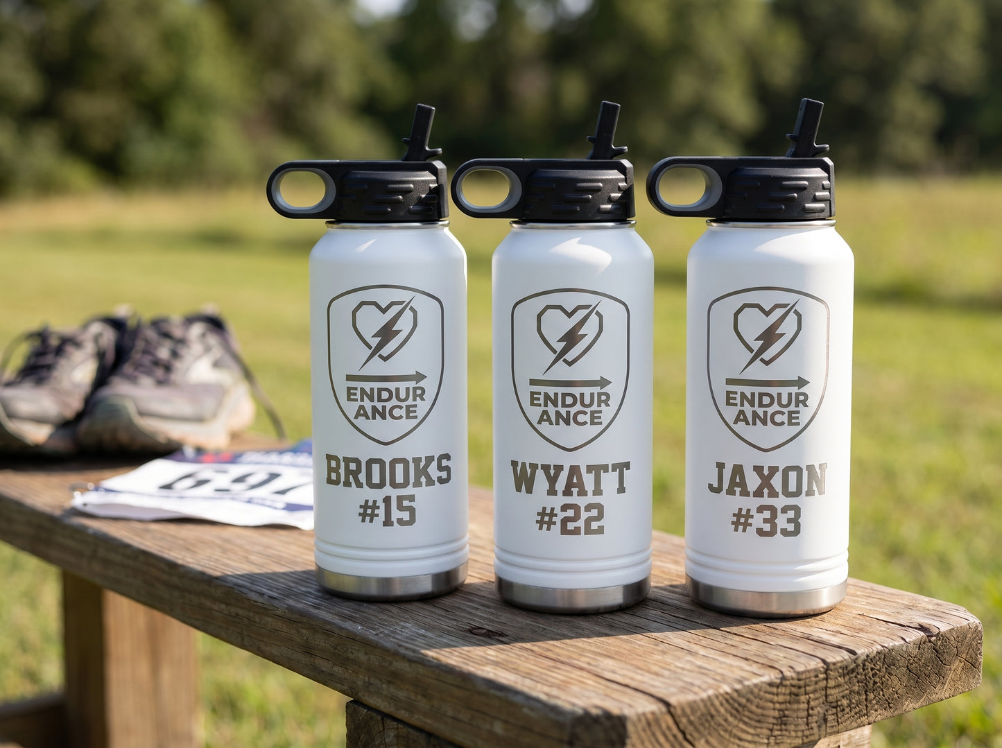 three white cross country team water bottles personalized with runner names and numbers for team roster