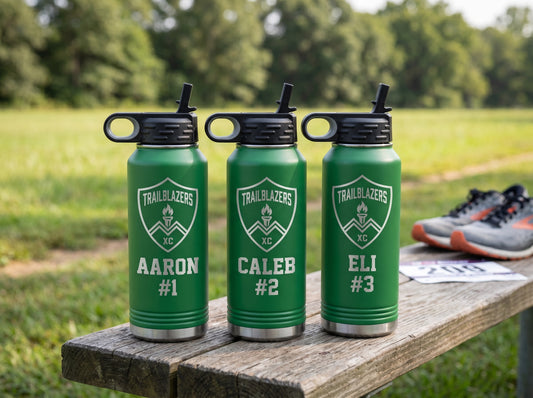 personalized cross country team water bottles green 32oz with runner names and bib numbers